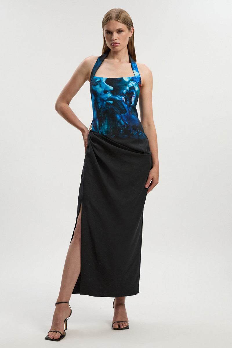 KAREN MILLEN Lily Macrae Polished Tailored Print Halter Neck Gathered Midi Dress outlook