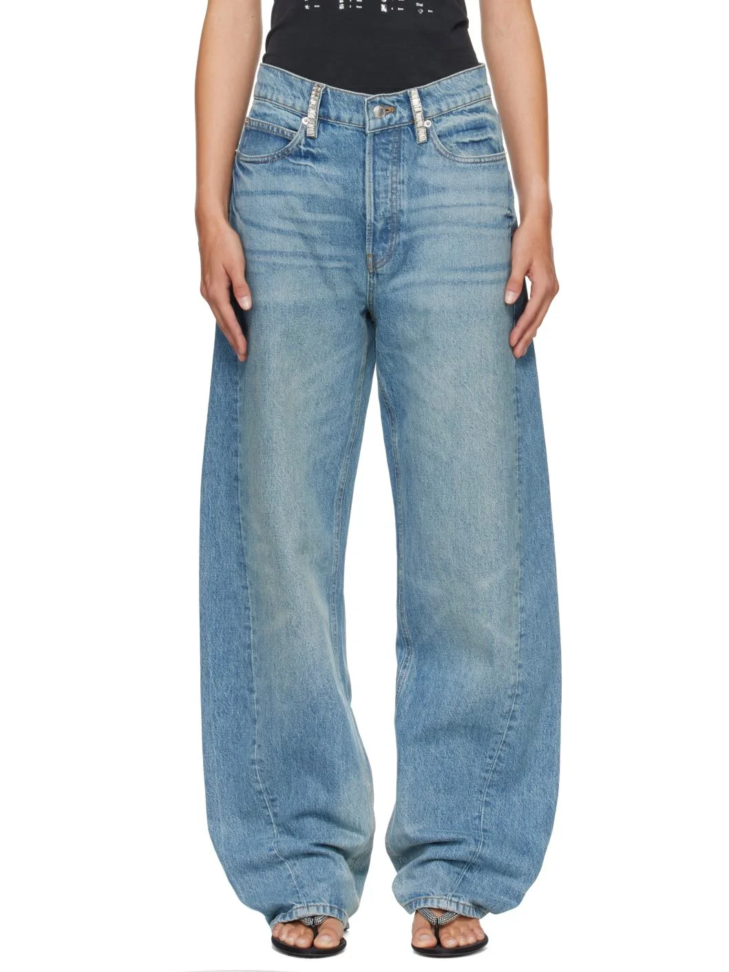 Blue Crystal Hotfix Belt Loop Mid-Rise Relaxed Jeans - 1