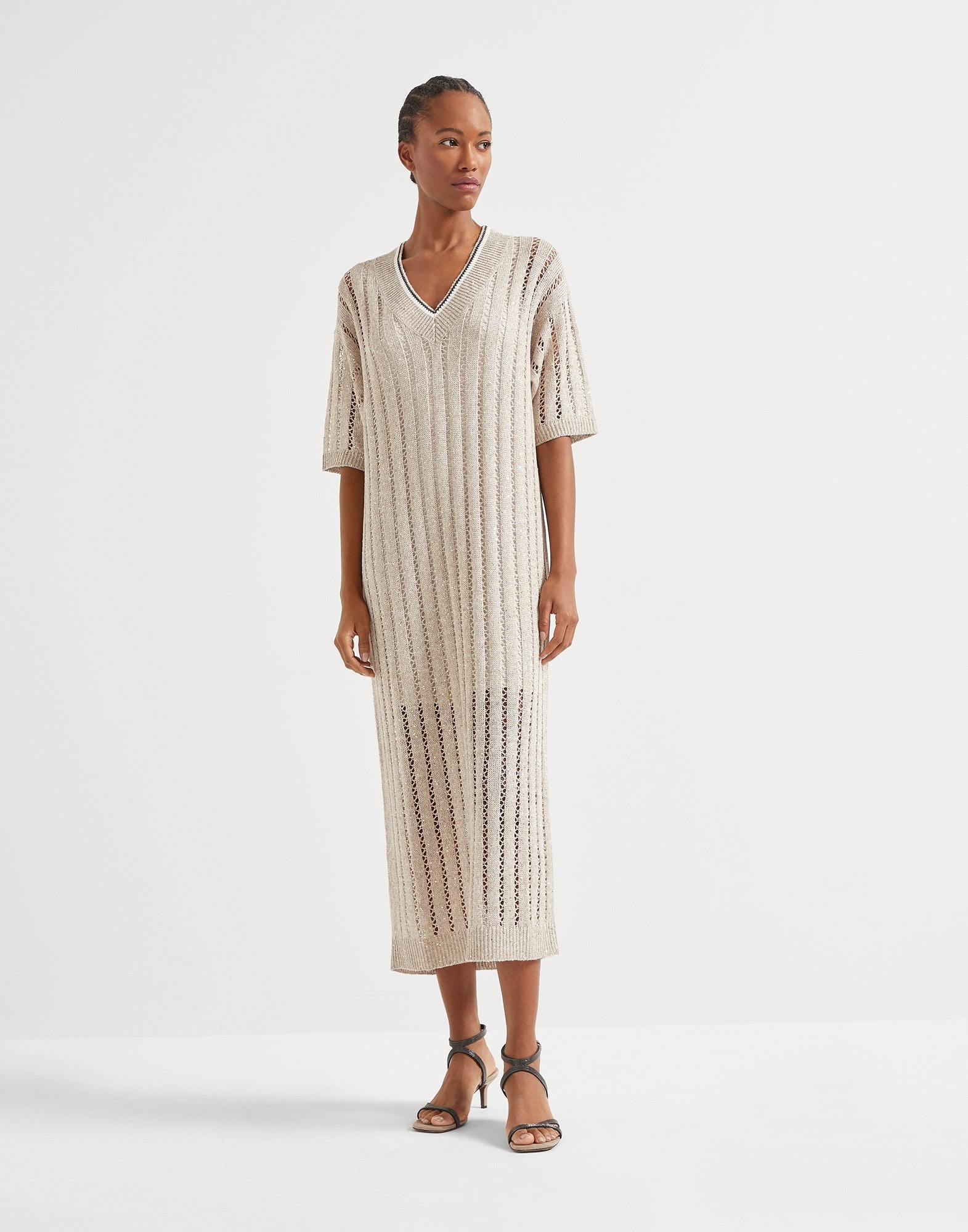 Dazzling ribbed net knit dress in linen - 1
