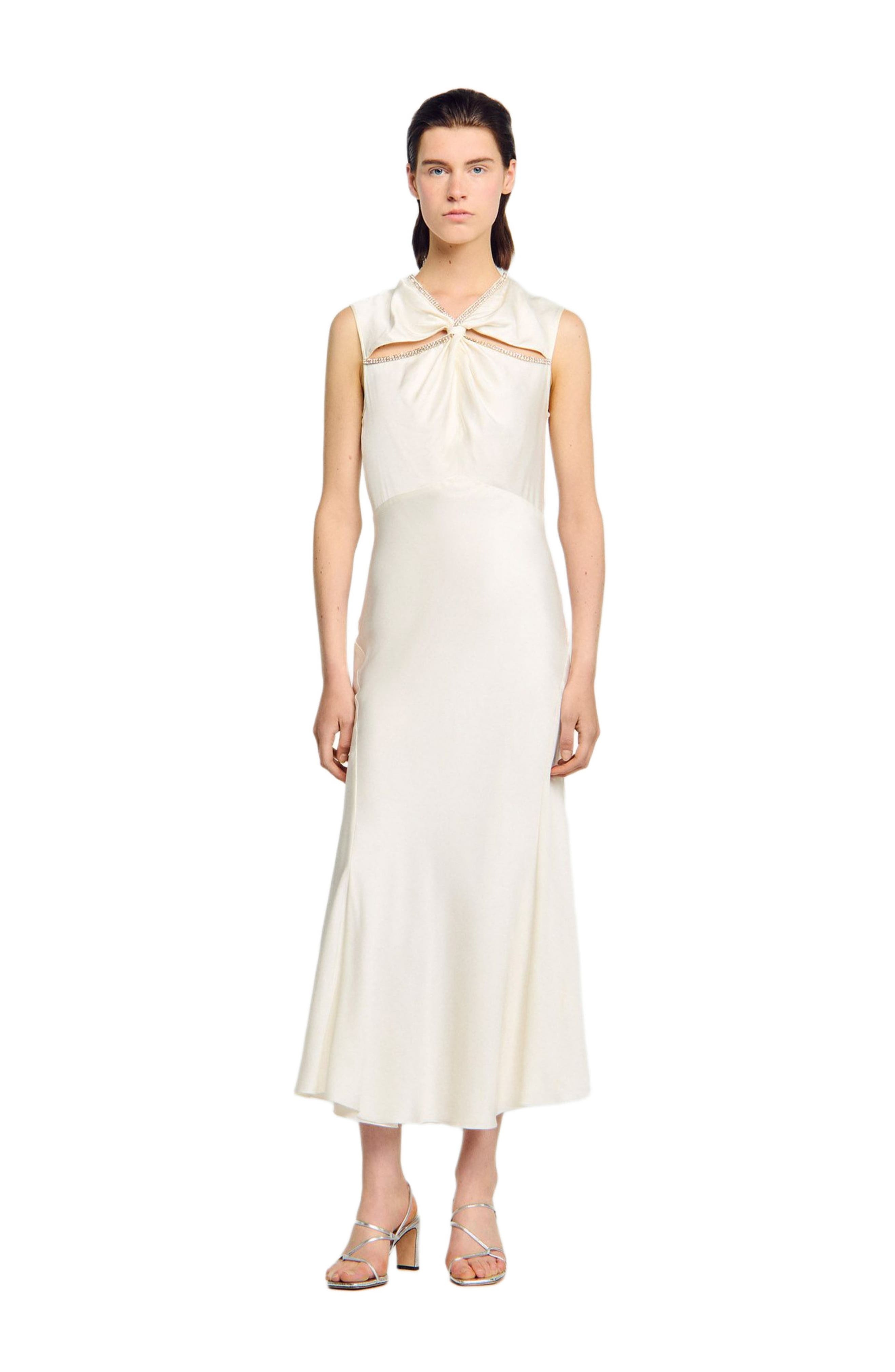 SANDRO Satin maxi dress with rhinestones in Ecru at Nordstrom - 6