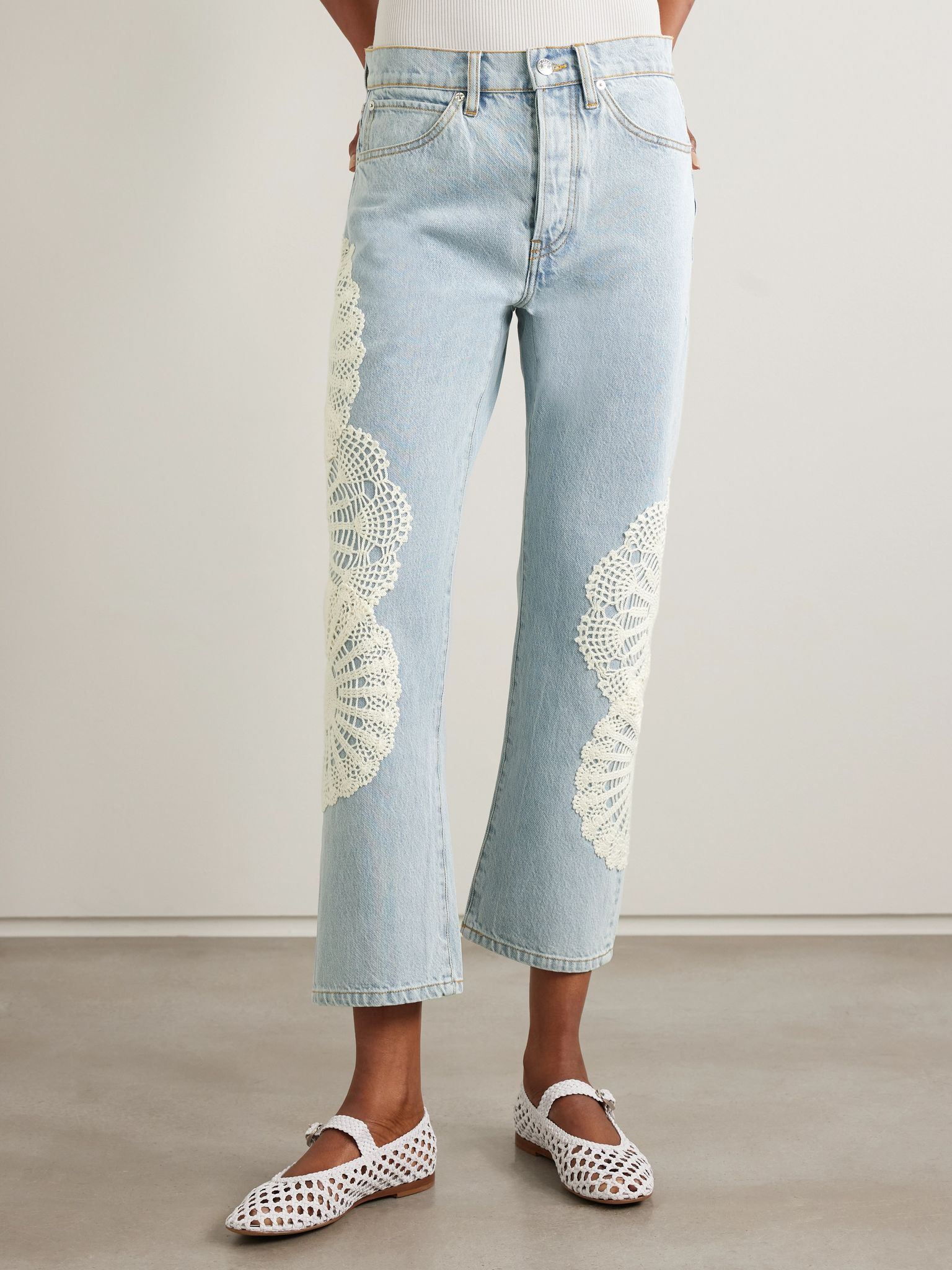Appliquéd cropped high-rise straight-leg jeans Light denim - 3