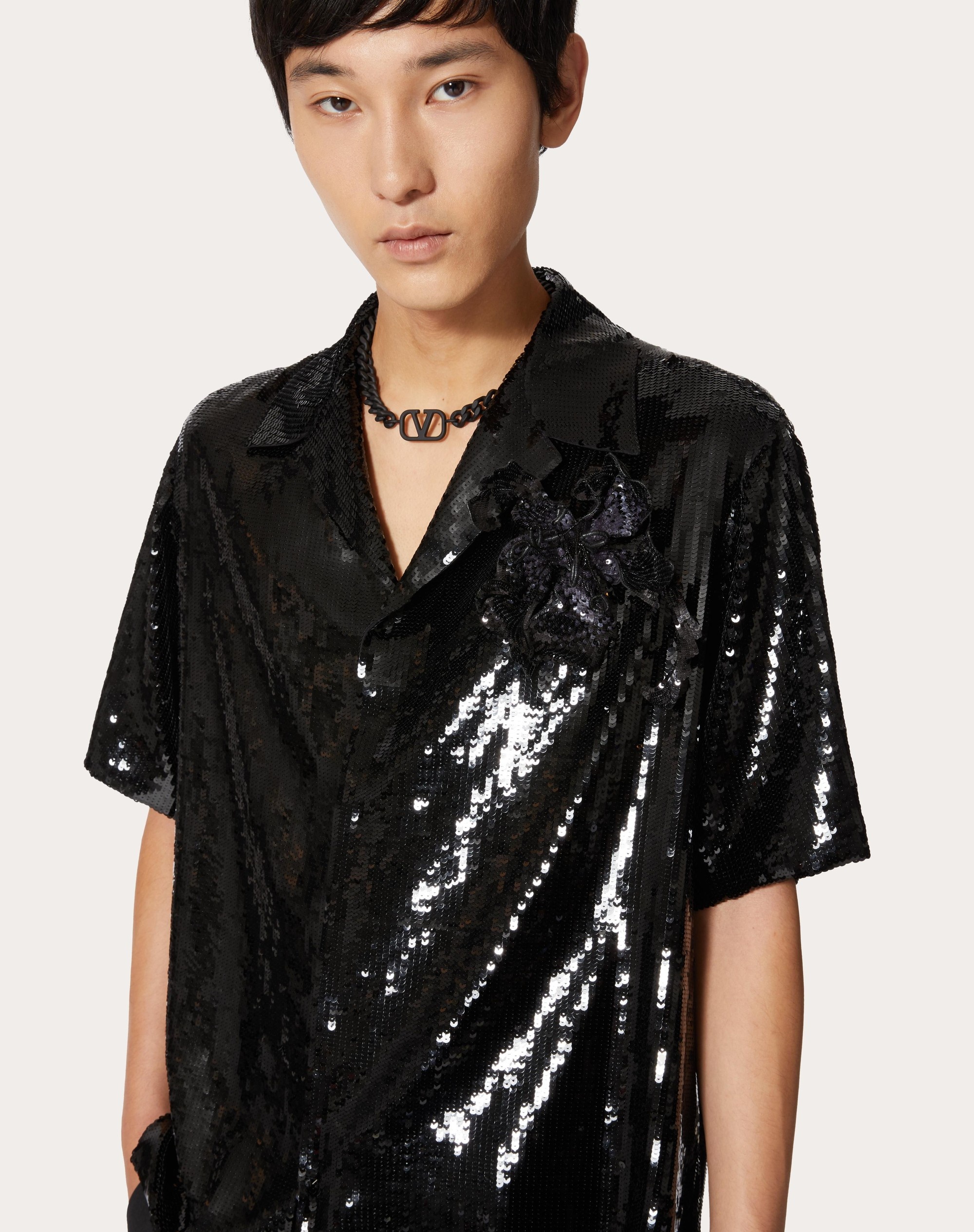 CHIFFON BOWLING SHIRT WITH ALL-OVER SEQUINS AND FLORAL EMBROIDERY - 5