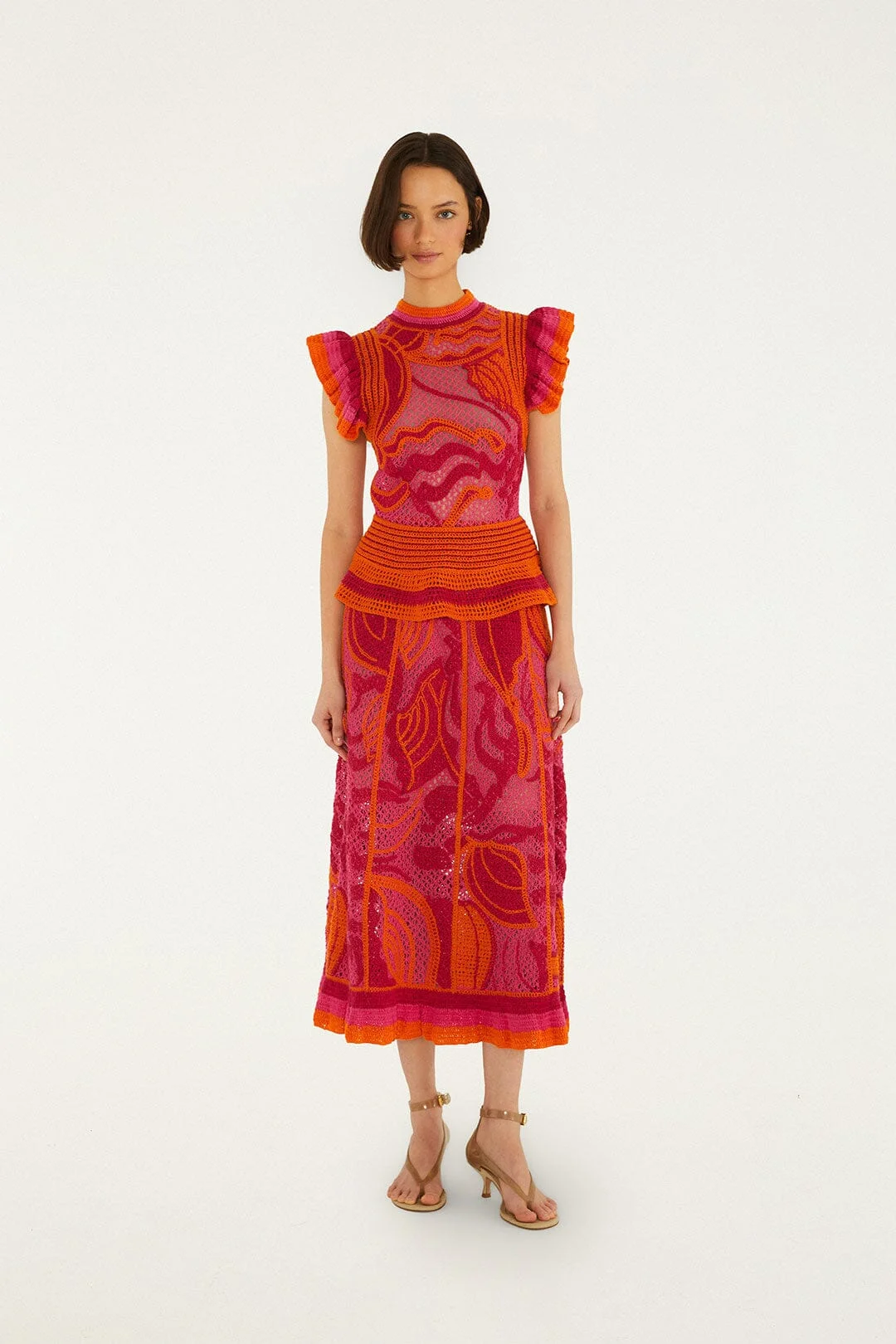 Pink And Orange Seashell Crochet Midi Skirt - 1