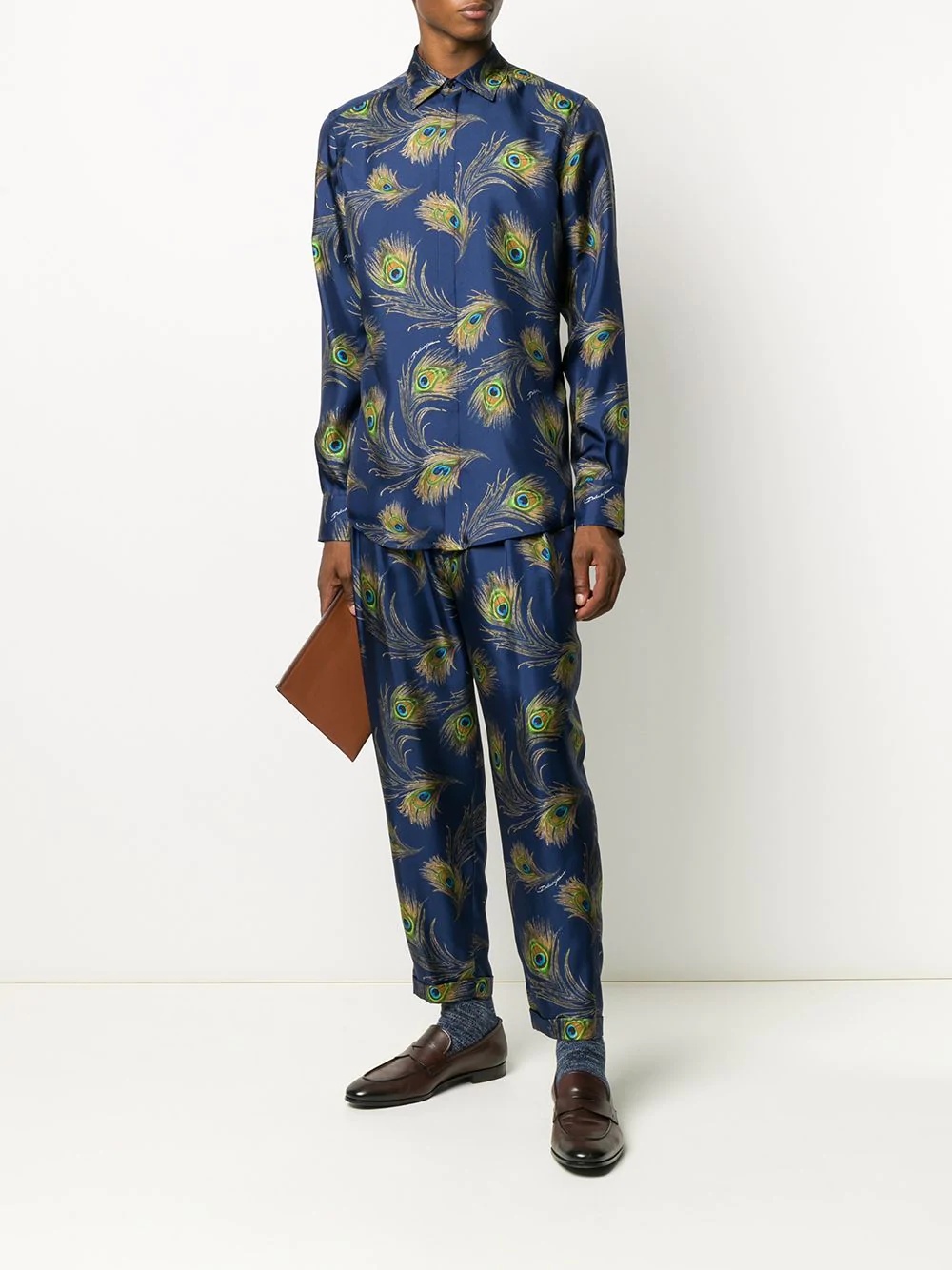 peacock print tailored trousers - 2