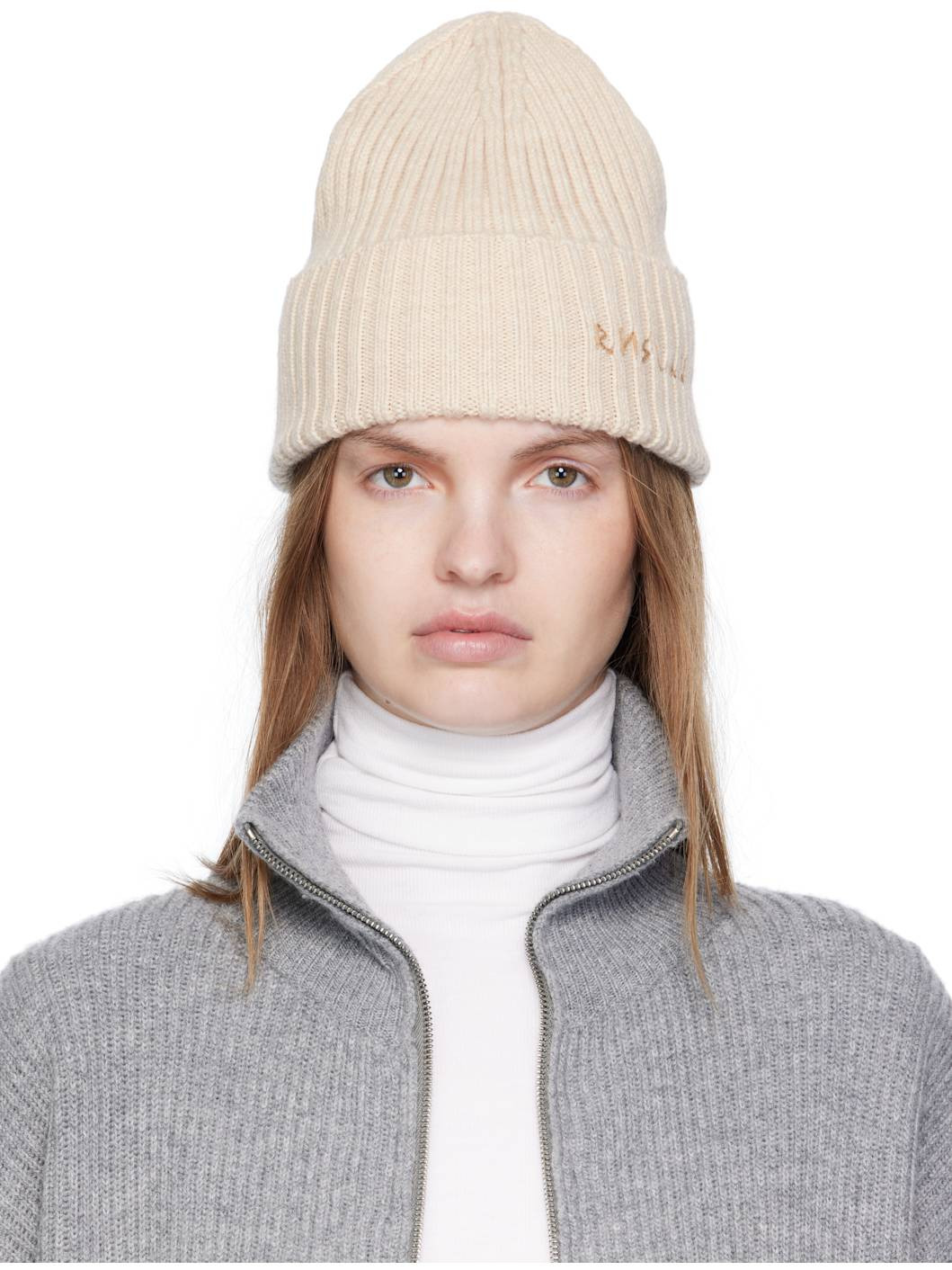 Beige Monogram-Embroidered Wool Beanie - 1