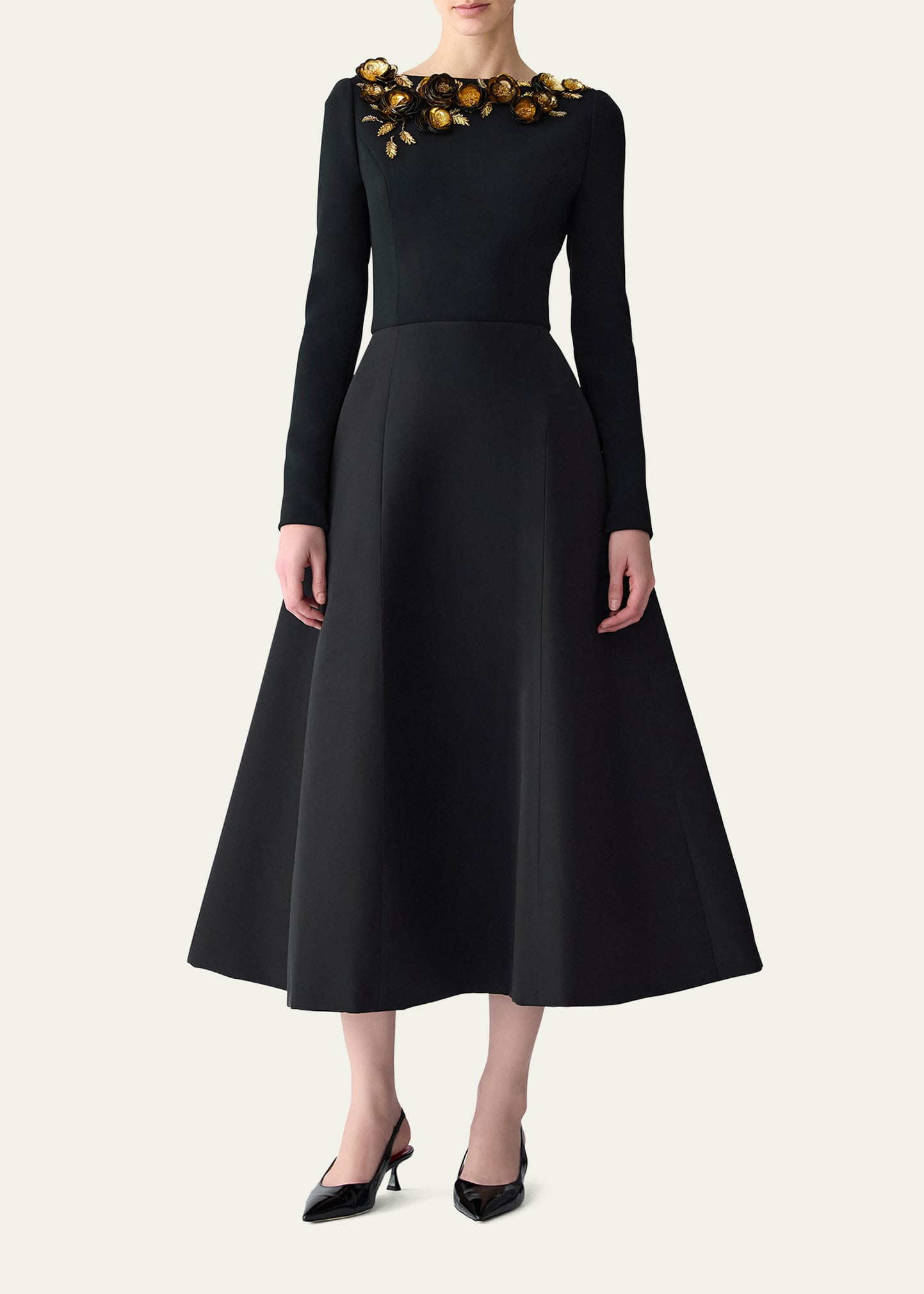 3D Floral Embellished Long-Sleeve Midi Dress - 2