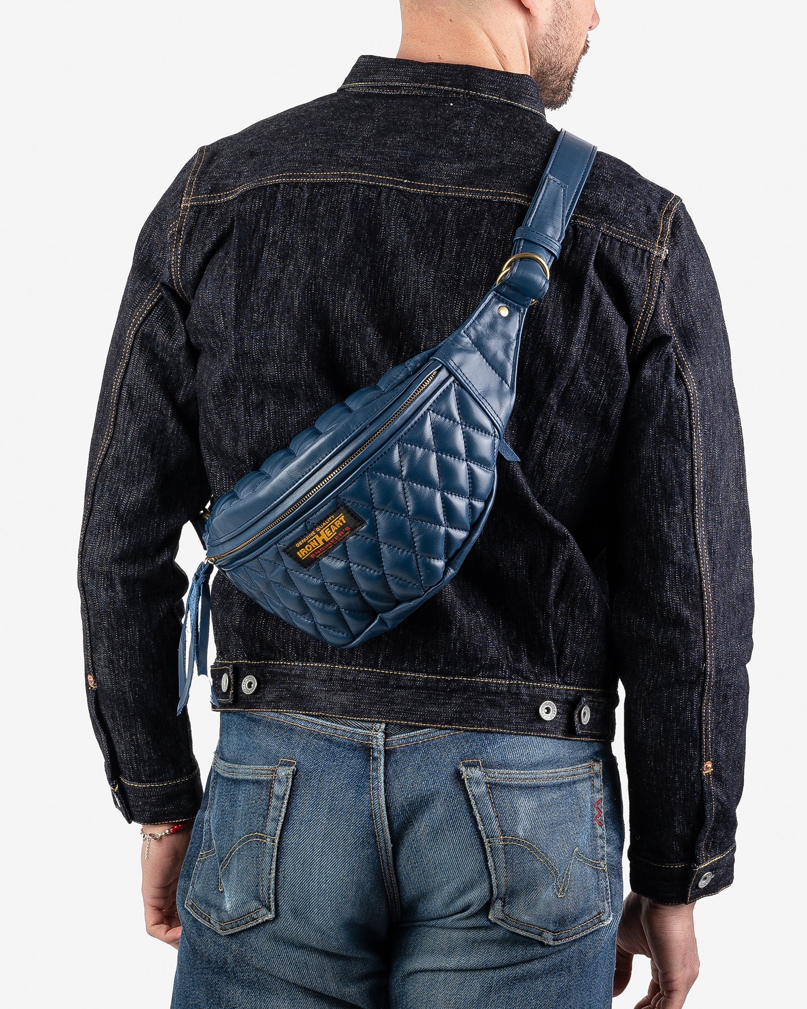 IHE-45-NAV Diamond Stitched Leather Waist Bag - Navy - 2