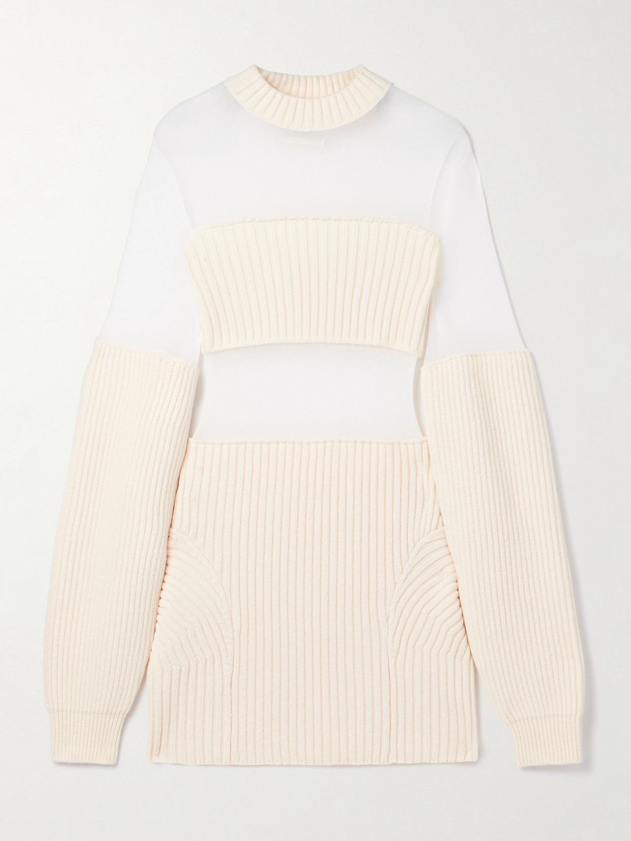 Paneled Ribbed Wool And Mesh Mini Dress - 1