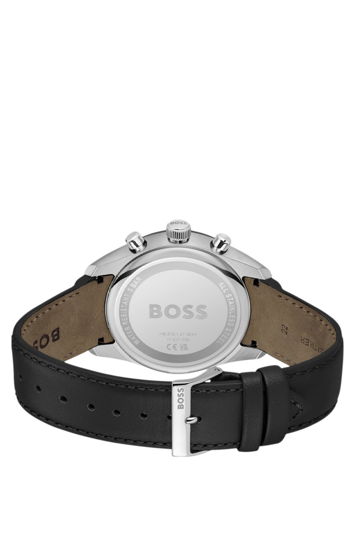 BLACK-PLATED CHRONOGRAPH WATCH WITH GRAY LEATHER STRAP - 3