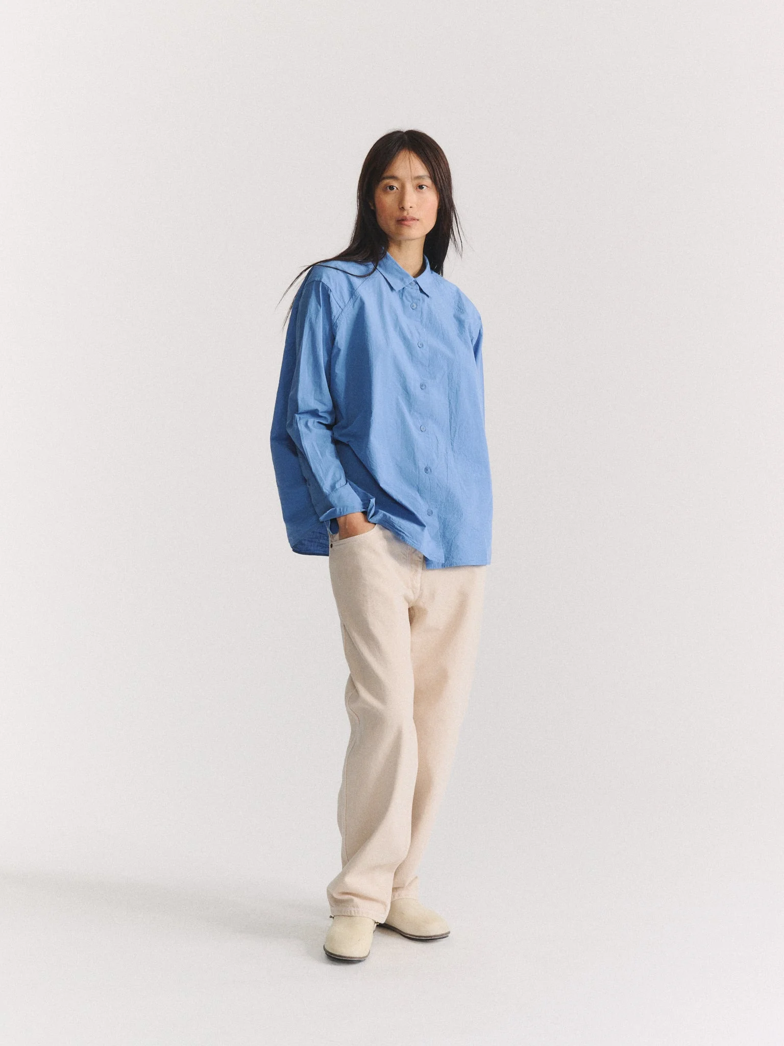 DRAYS TRAVAIL SHIRT - CHALK POPLIN - L BLUE - 1