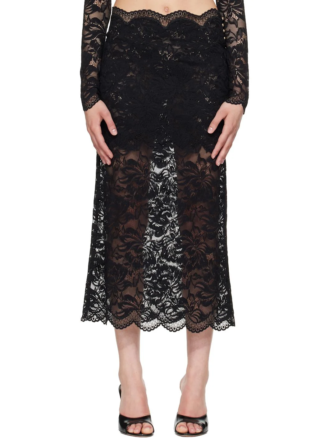 Black Lace Midi Skirt - 1