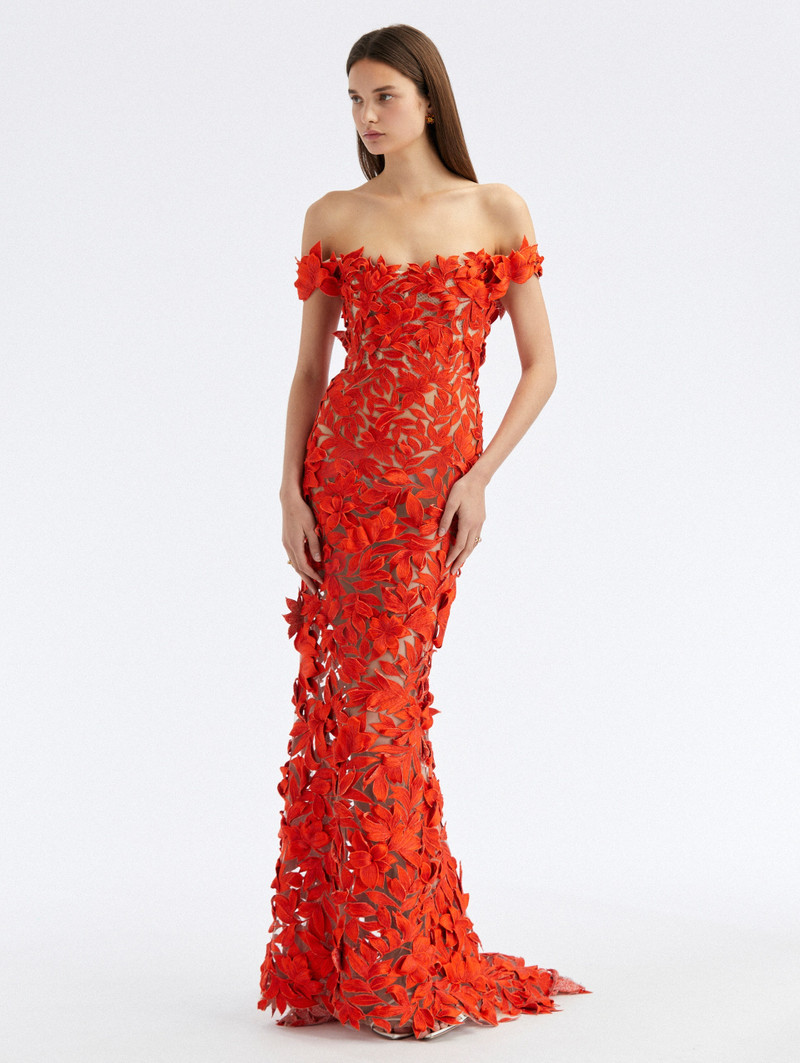 OFF SHOULDER FLORAL THREADWORK GOWN 1