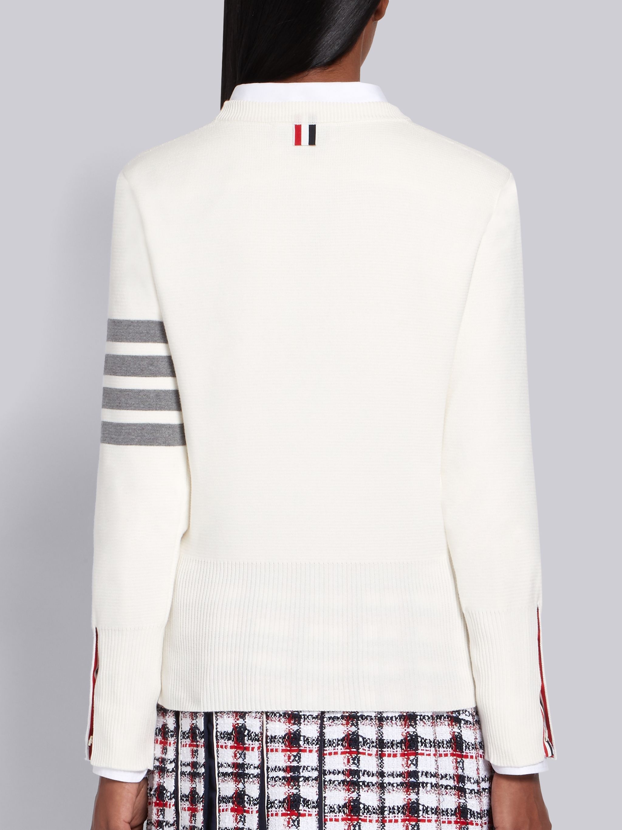 White Cotton Crepe Milano Stitch Crewneck 4-Bar Pullover - 3