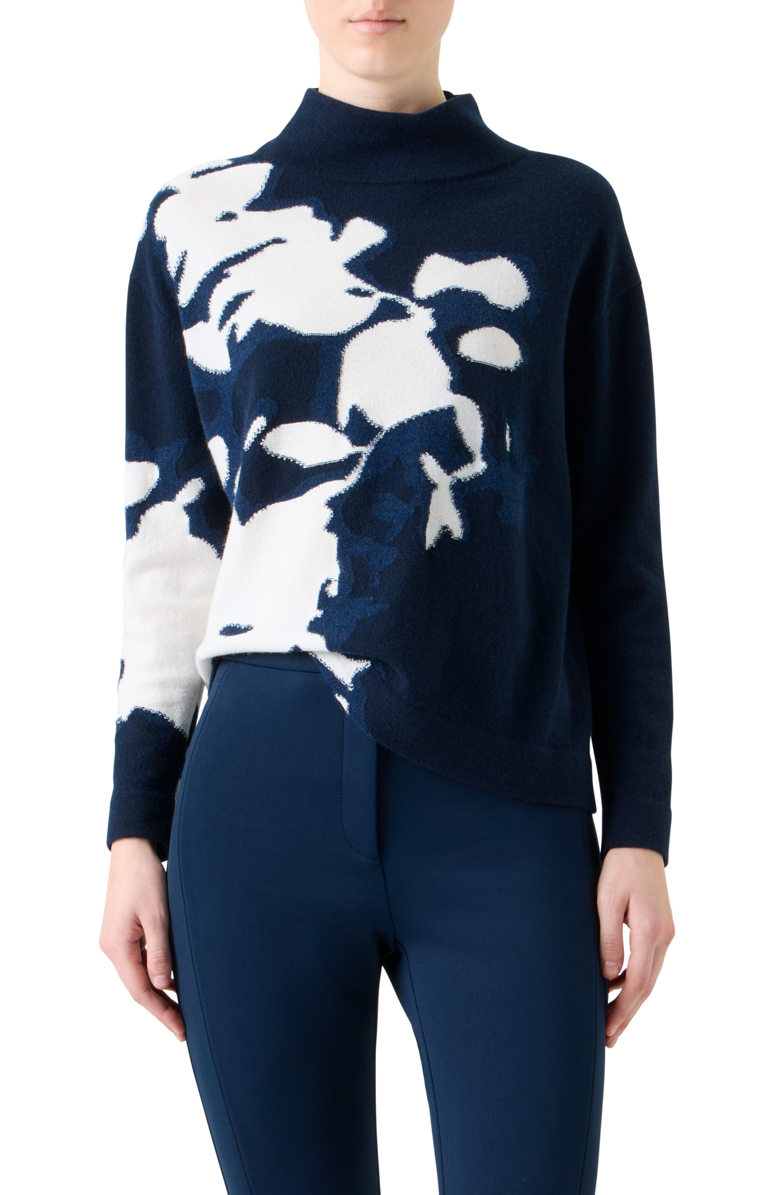 Akris Wildflower Intarsia Cashmere Mock Neck Sweater in Navy-Ecru at Nordstrom - 1