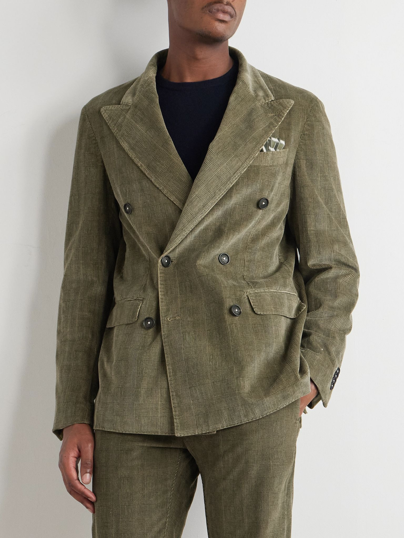 Monster Double-Breasted Prince of Wales Checked Cotton-Blend Corduroy Blazer Green - 3
