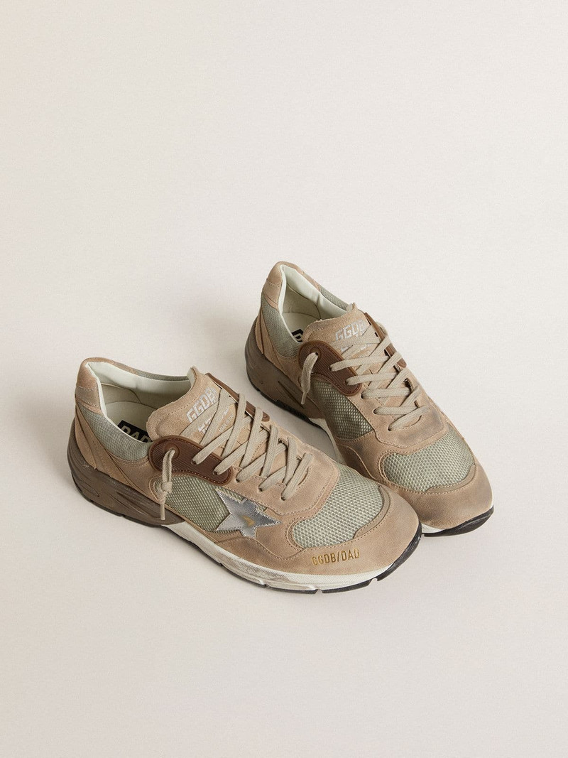 Golden Goose Men's Dad-Star in beige mesh and suede with silver leather star outlook
