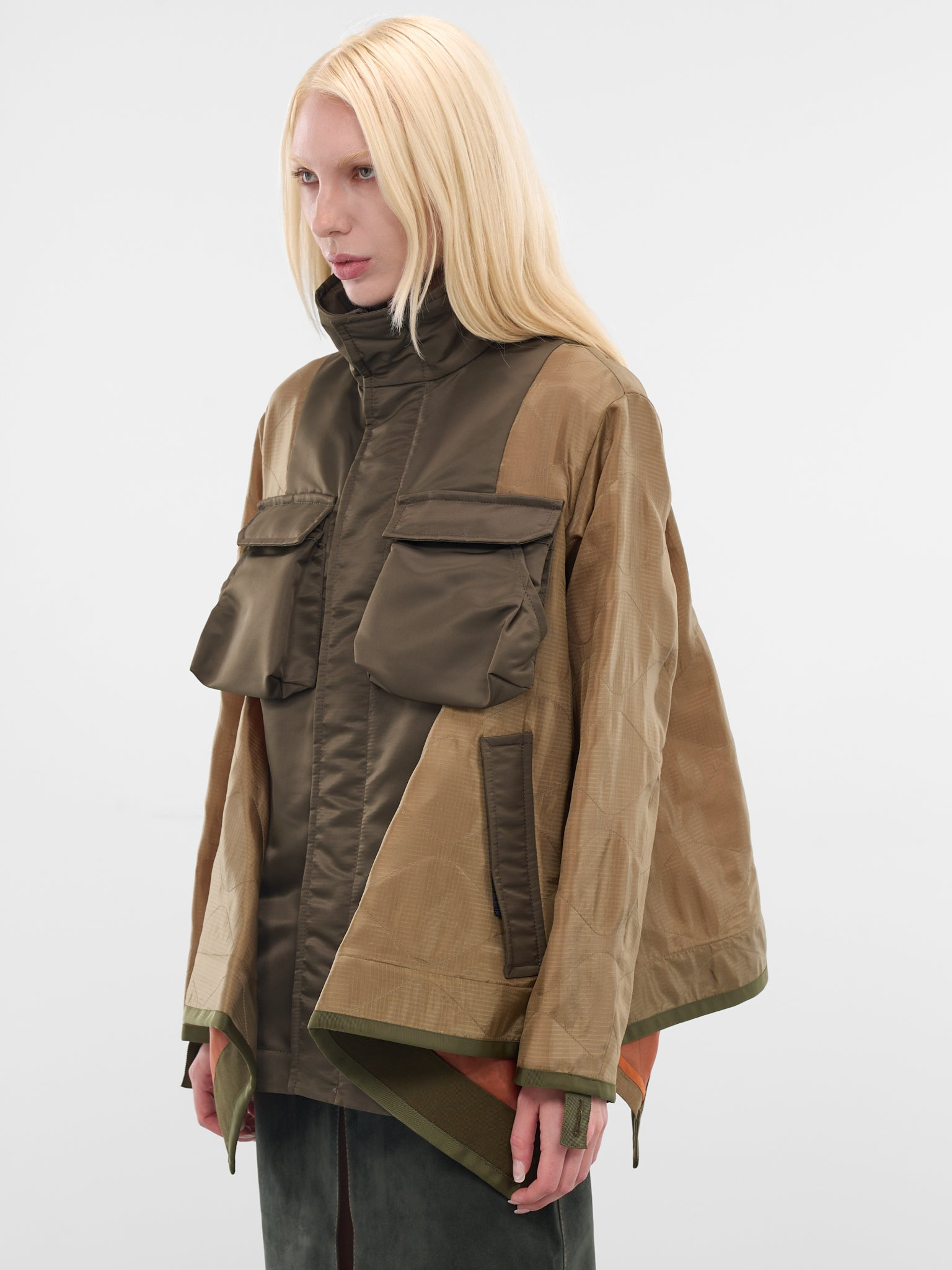 Khaki Nylon Contrast Drape Jacket - 2