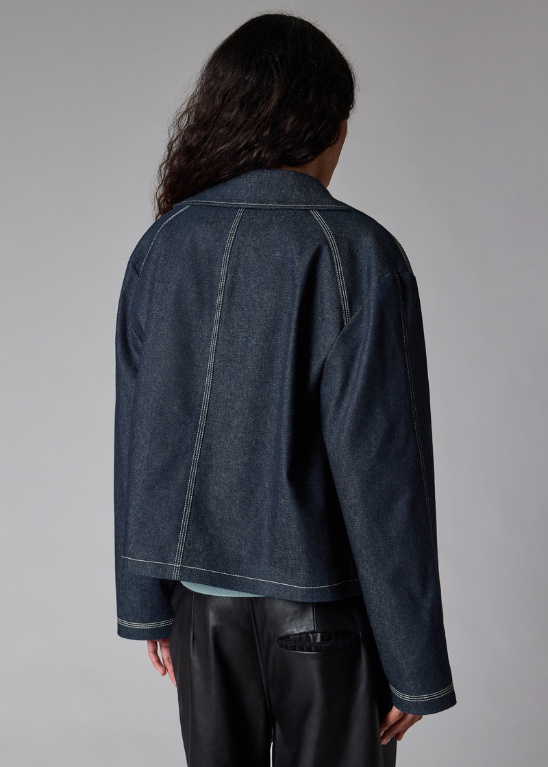 Denim Cotton-Blend Cropped Asymmetric Jacket with Topstitching 15