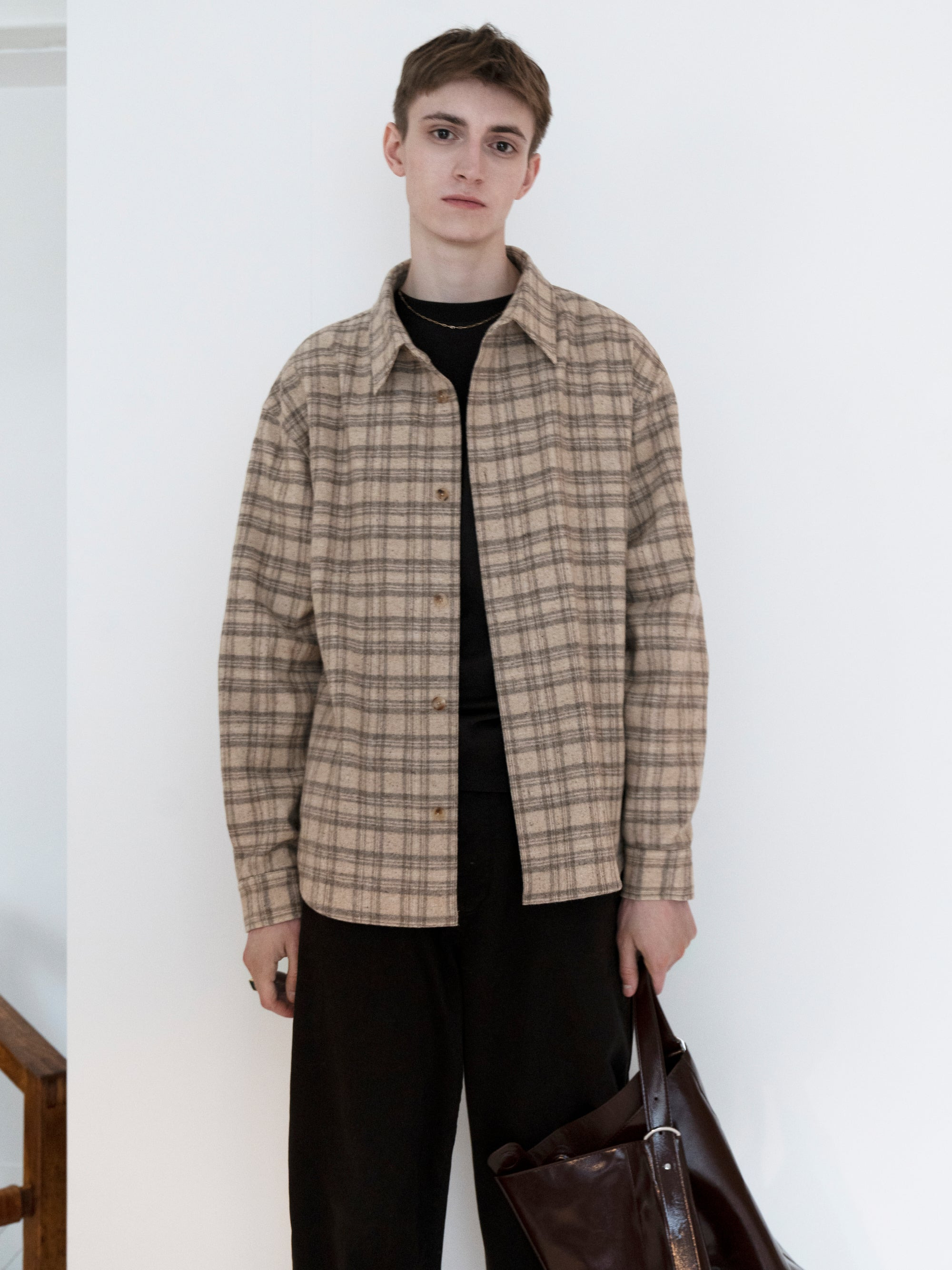 Woolen Plaid Overshirt in Beige Multi - 4