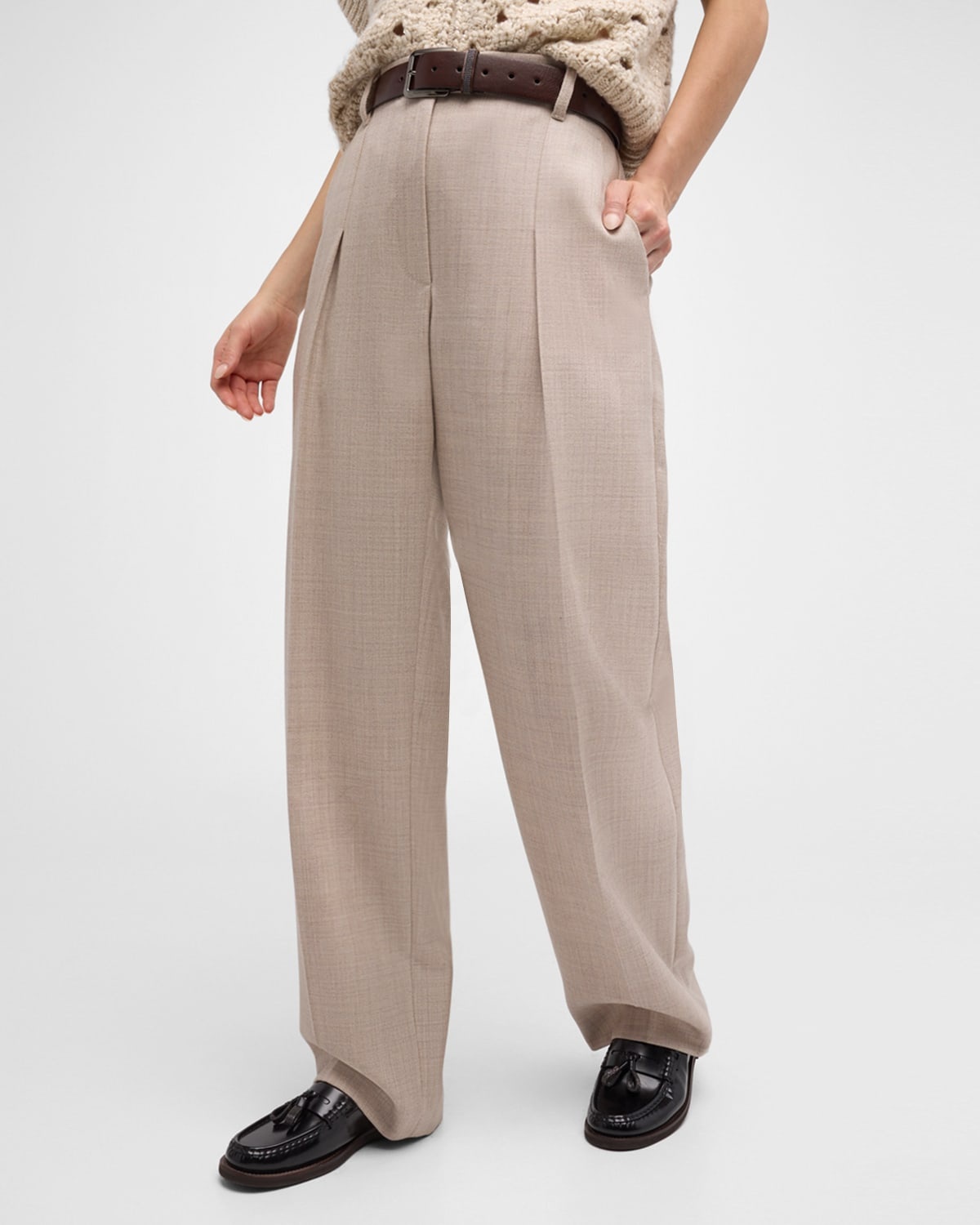 Combed Wool Herringbone Pleated Wide-Leg Pants - 7