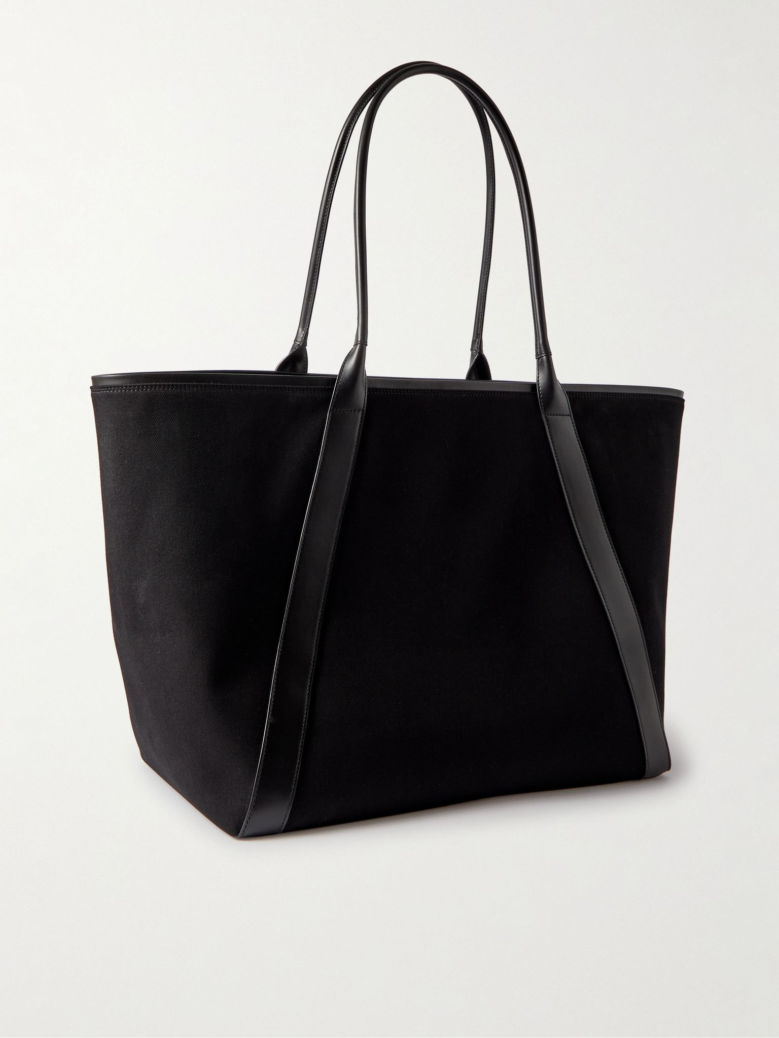 Leather-Trimmed Logo-Embroidered Cotton-Gabardine Tote Bag Black - 3