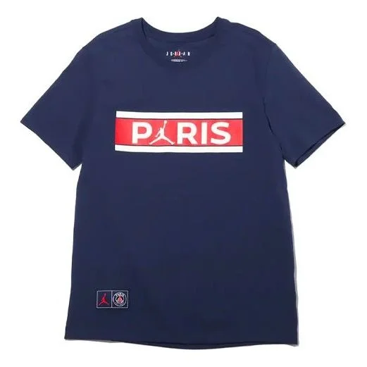 Air Jordan Wordmark Paris Saint-Germain Alphabet Printing Soccer/Football Sports Short Sleeve Navy B - 1