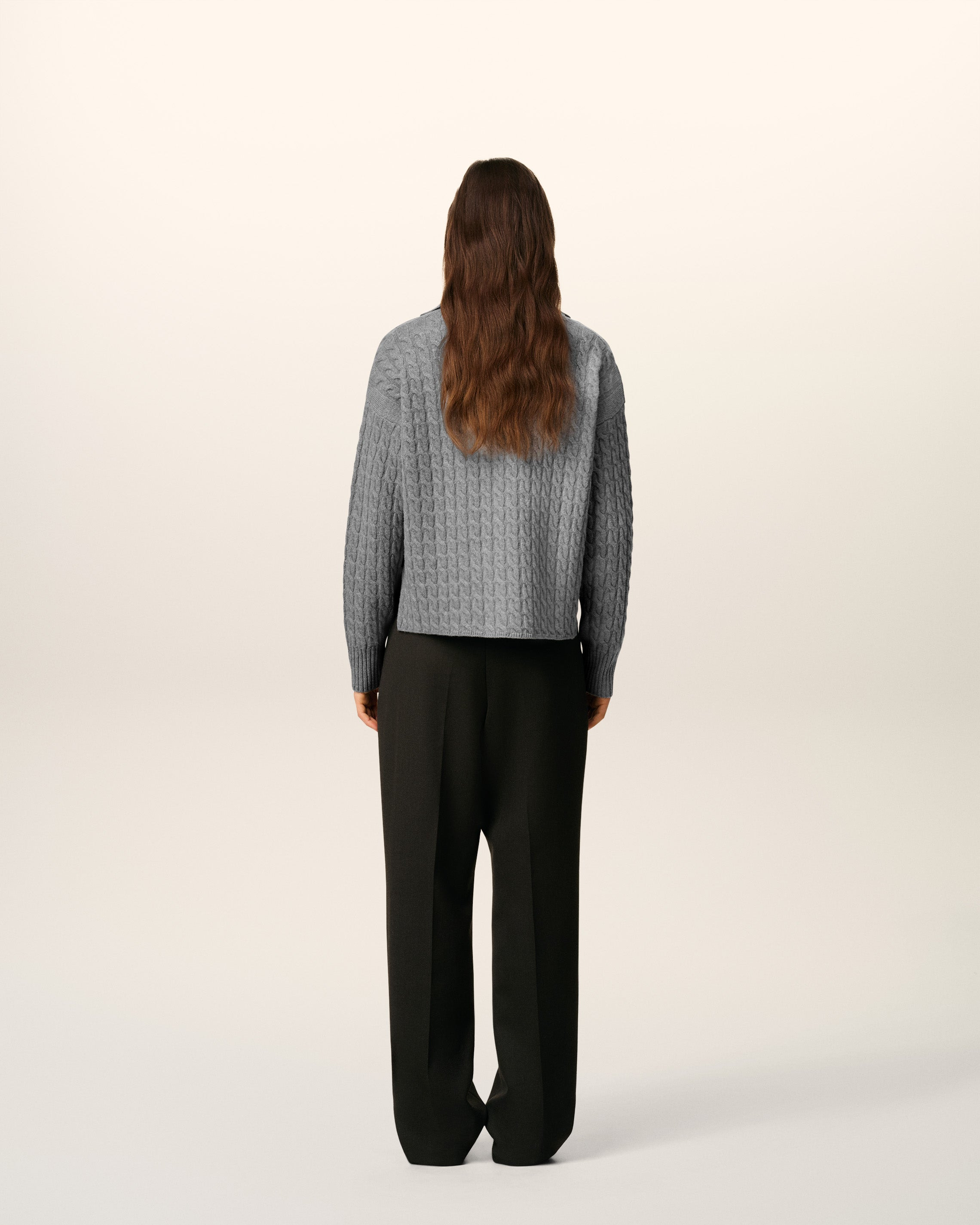 GREY WOOL CABLES KNIT POLO - 5