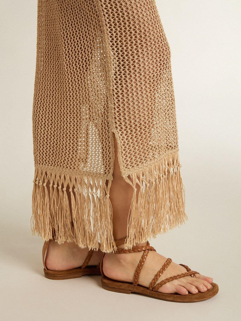 Women's sleeveless midi dress in beige crochet with fringes 4