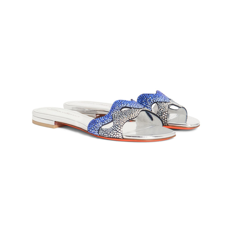 Santoni Women's silver laminated leather and crystals sandal outlook