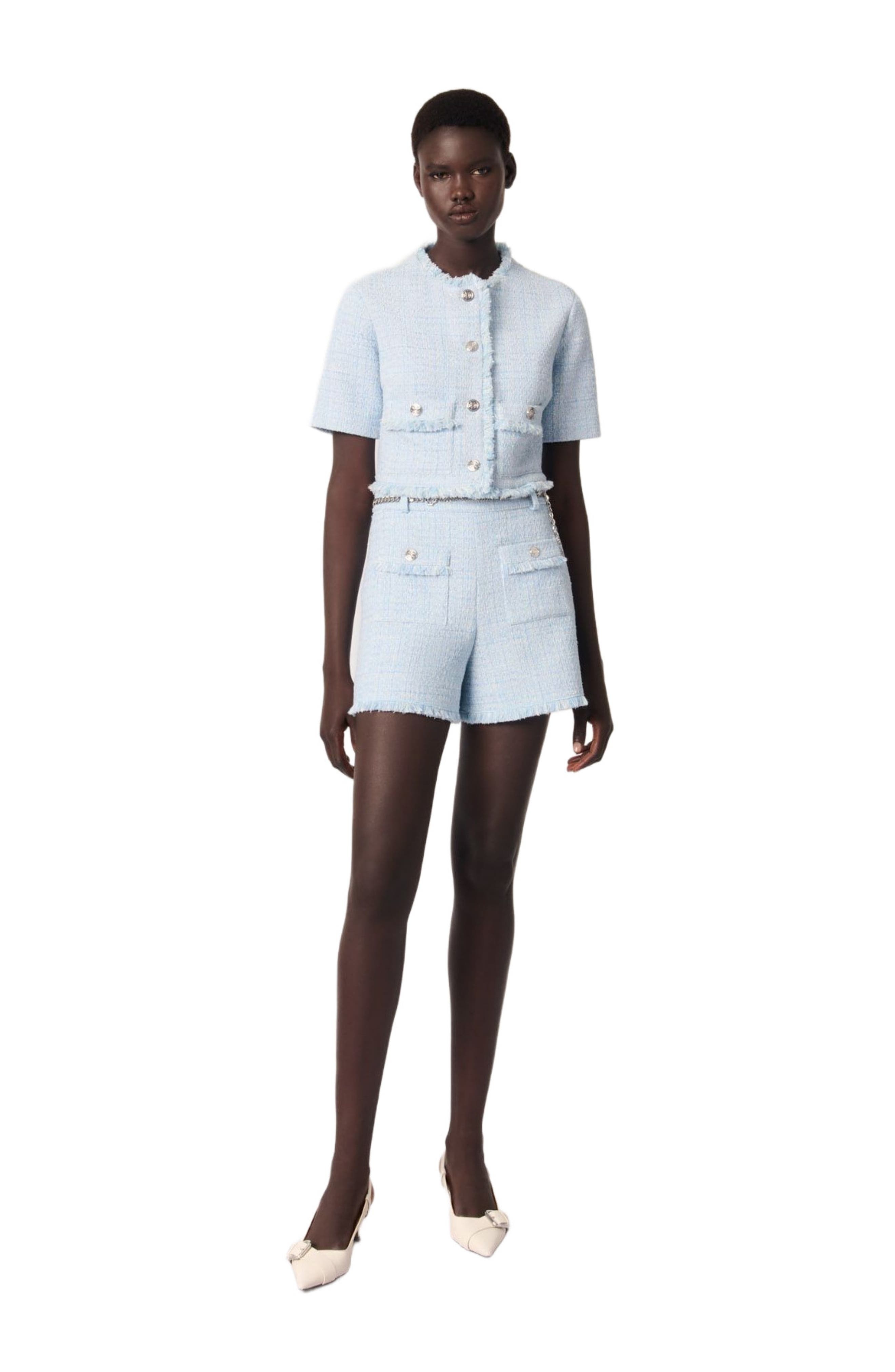 maje Tweed shorts with belt in Blue Sky at Nordstrom - 3