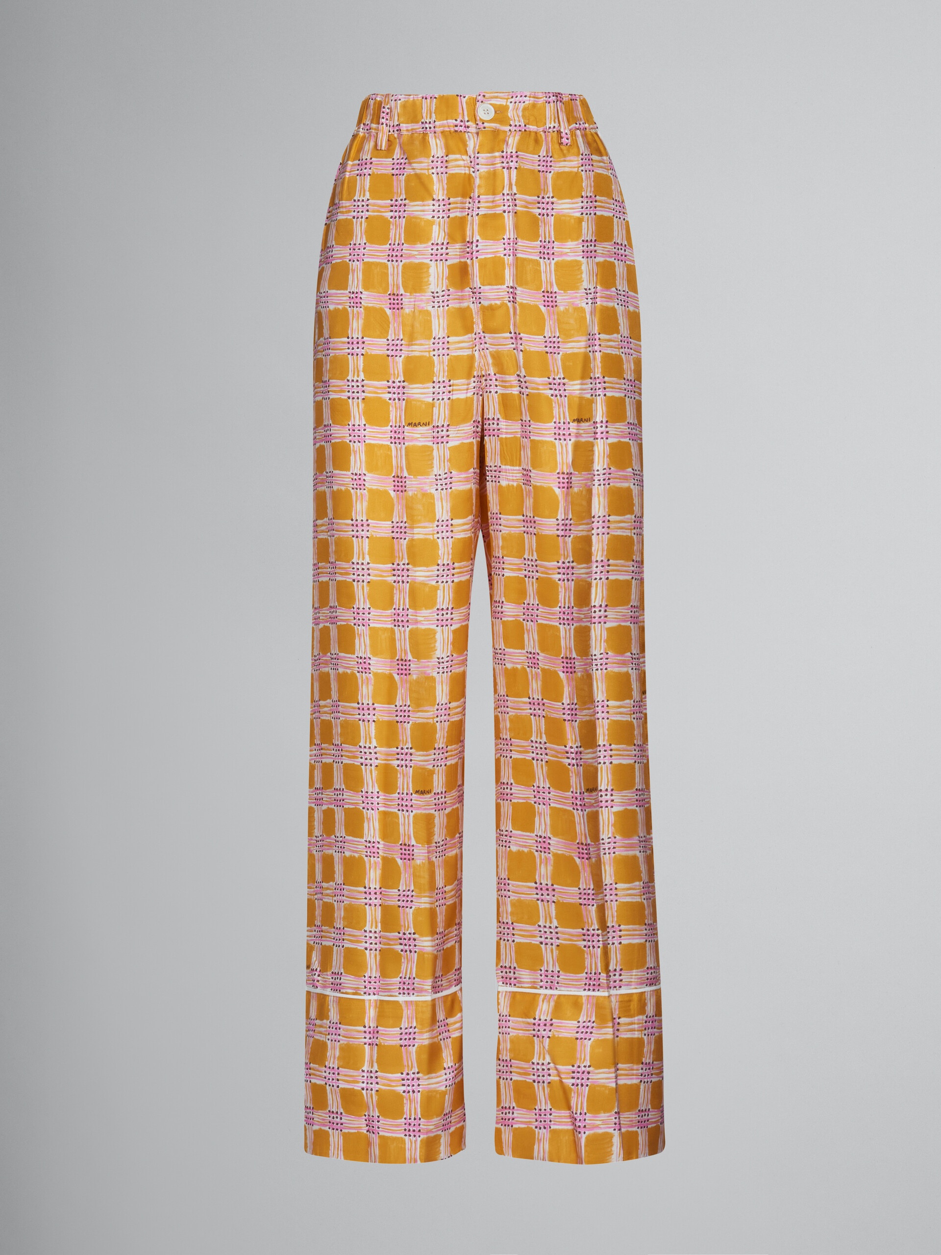 YELLOW SILK TWILL PYJAMA PANTS WITH CHECK FIELDS PRINT - 1