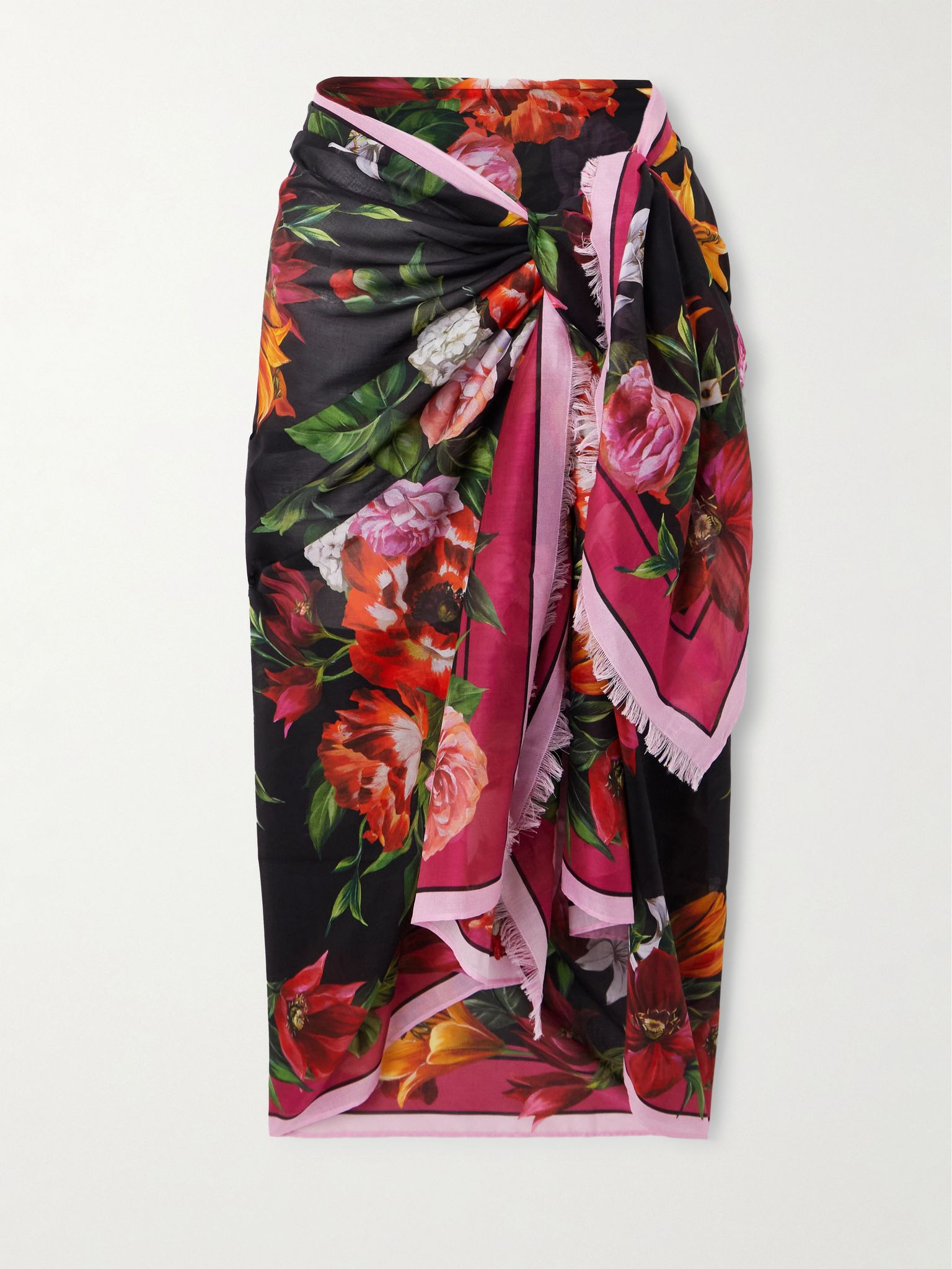Frayed floral-print cotton-voile pareo Black - 1