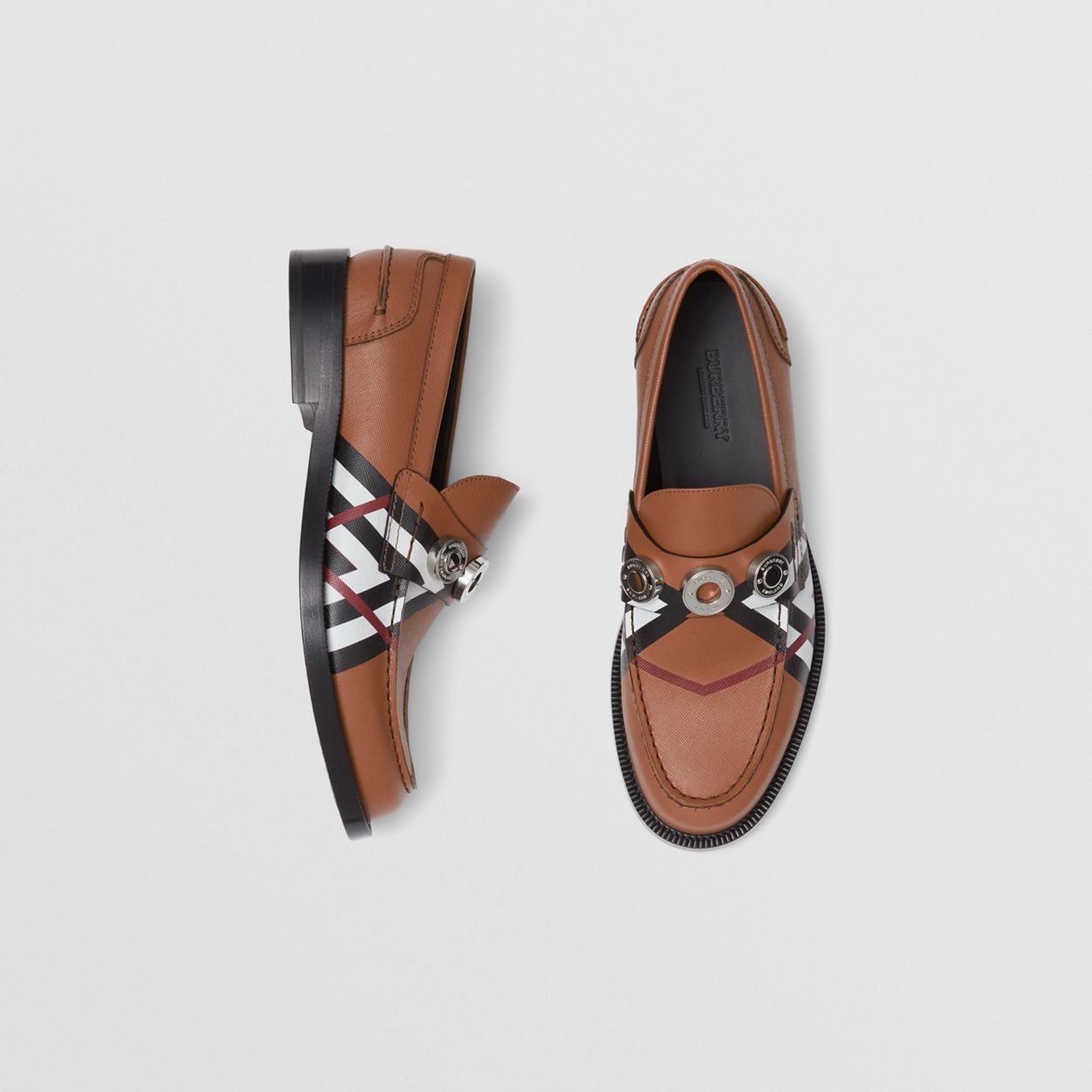Logo Detail Chevron Check Leather Loafers - 6