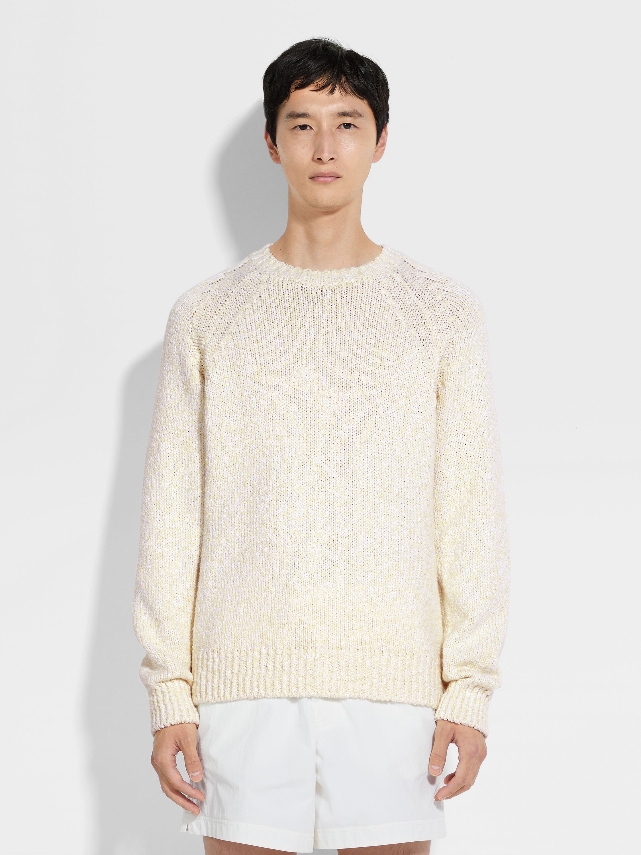 LIGHT YELLOW WHITE AND OPTICAL WHITE COTTON CREWNECK - 4
