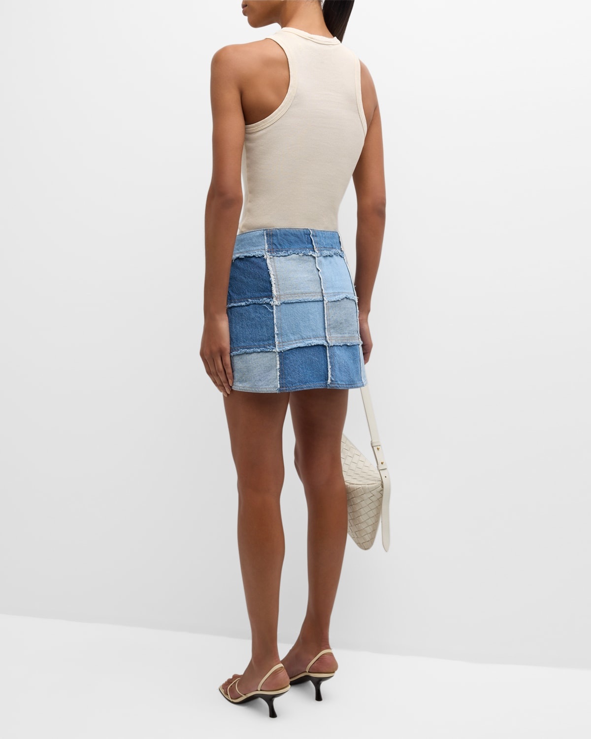 FRAME The 70s Patchwork Denim Mini Skirt neimanmarcus REVERSIBLE
