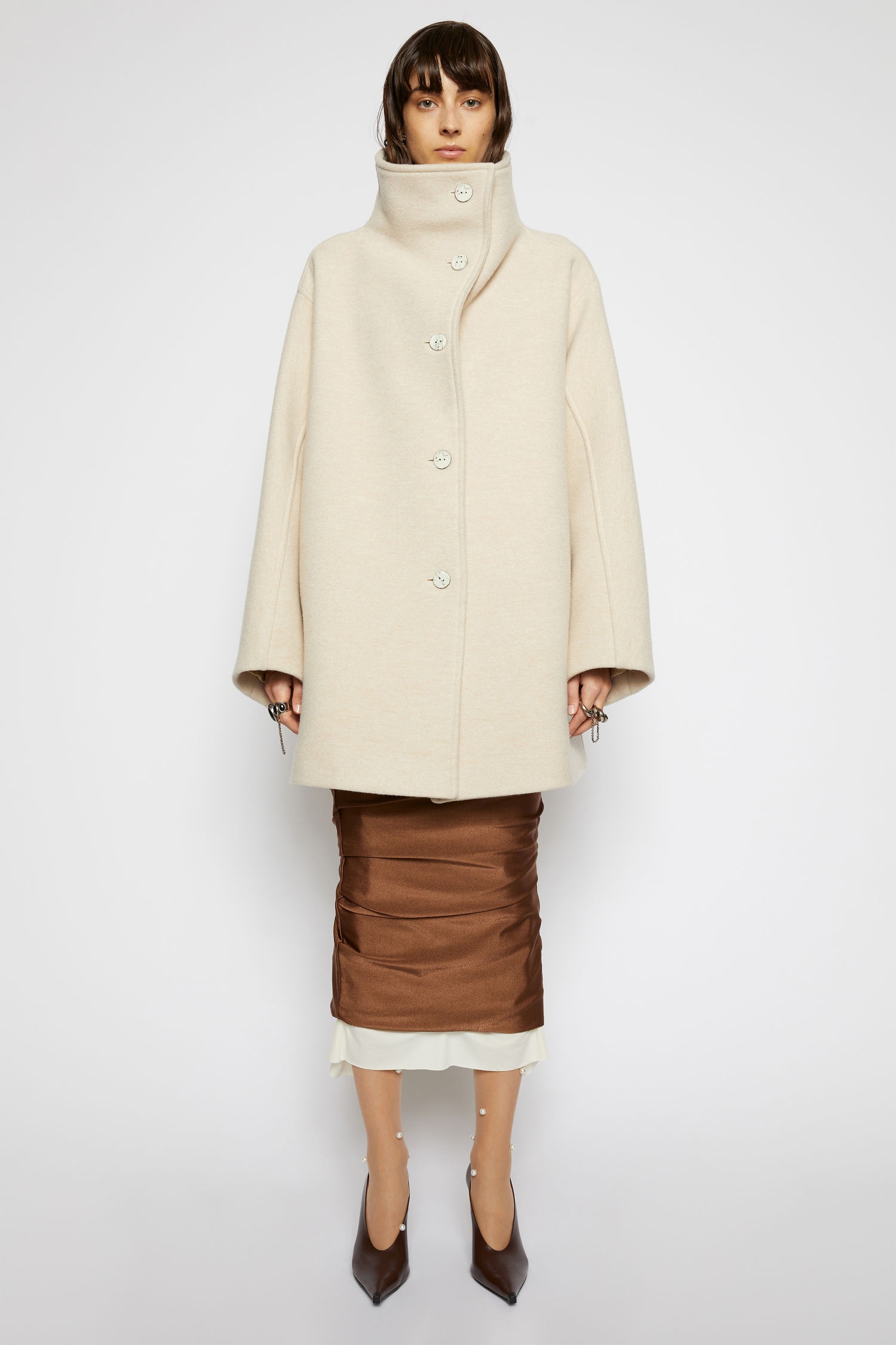 High-neck wool coat cream beige - 2