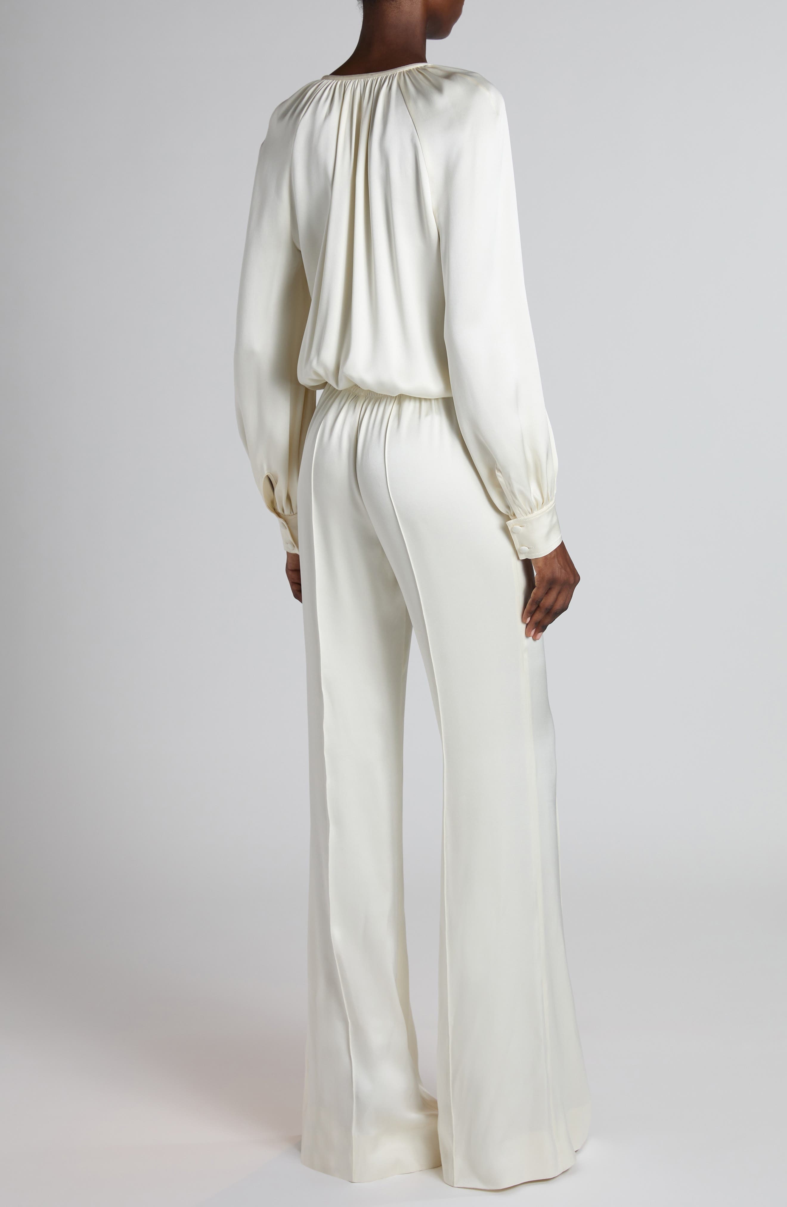 TOM FORD Tie Neck Long Sleeve Cady Jumpsuit in Crema White at Nordstrom - 2