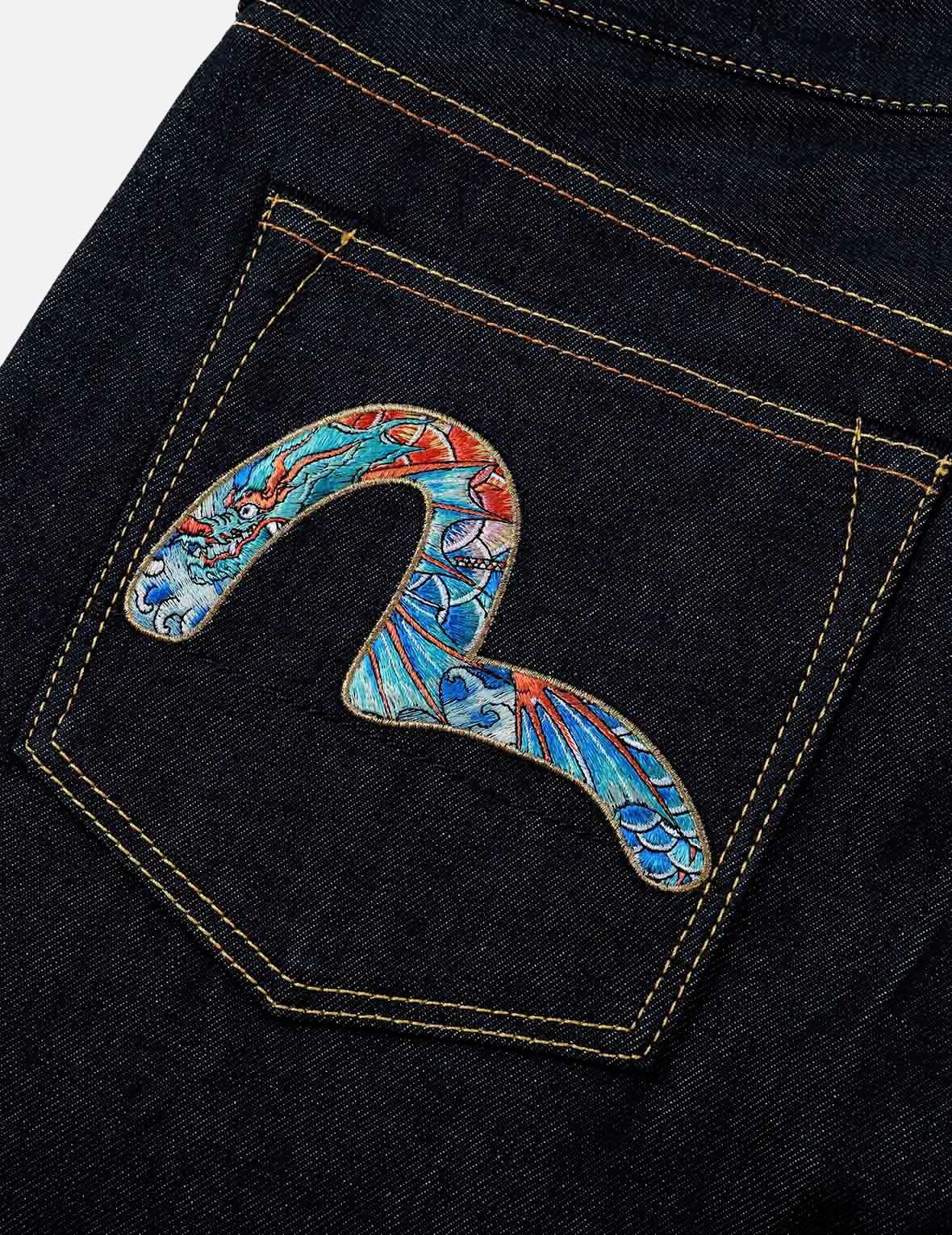 Koi Playing In Waves Pattern Seagull and Kamon Embroidery Cropped Carrot Fit Jeans #2017 - 10