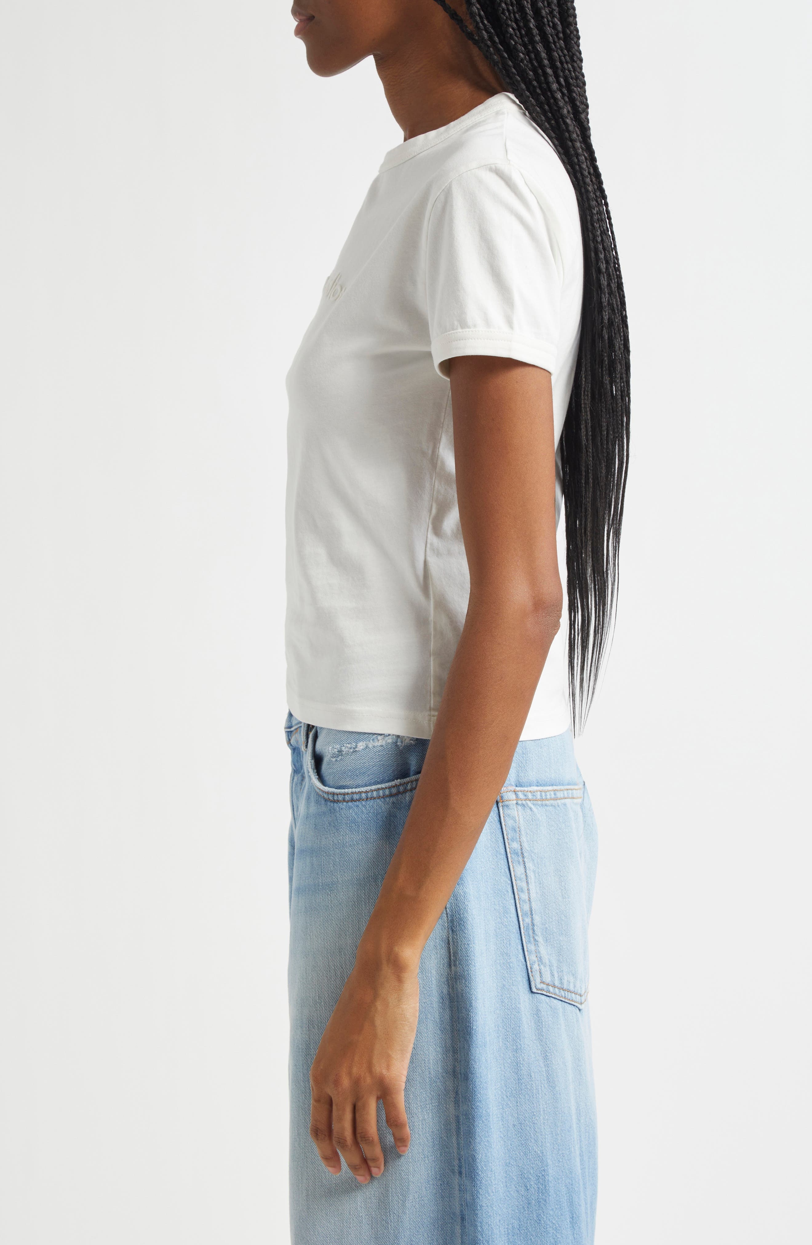 Acne Studios Etza Embroidered Logo Fitted Cotton T-Shirt in Cold White at Nordstrom - 4