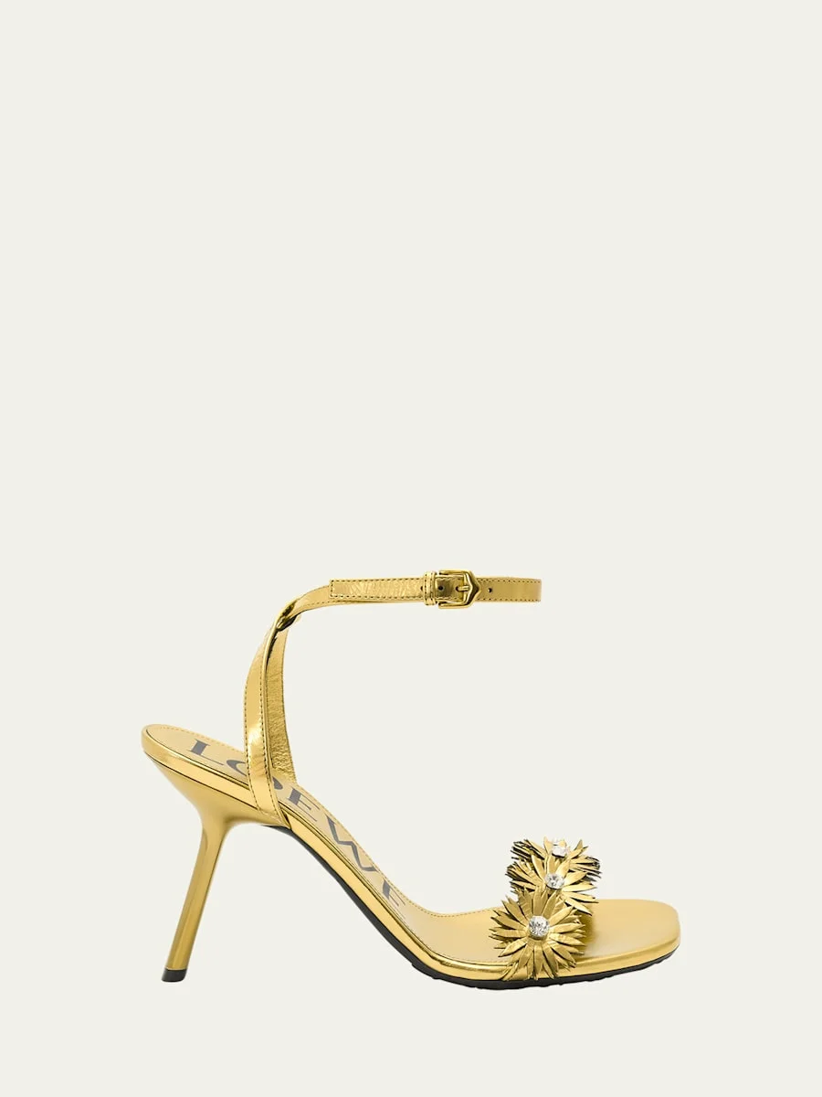 Crystal Flower Metallic Leather Ankle-Strap Sandals - 1