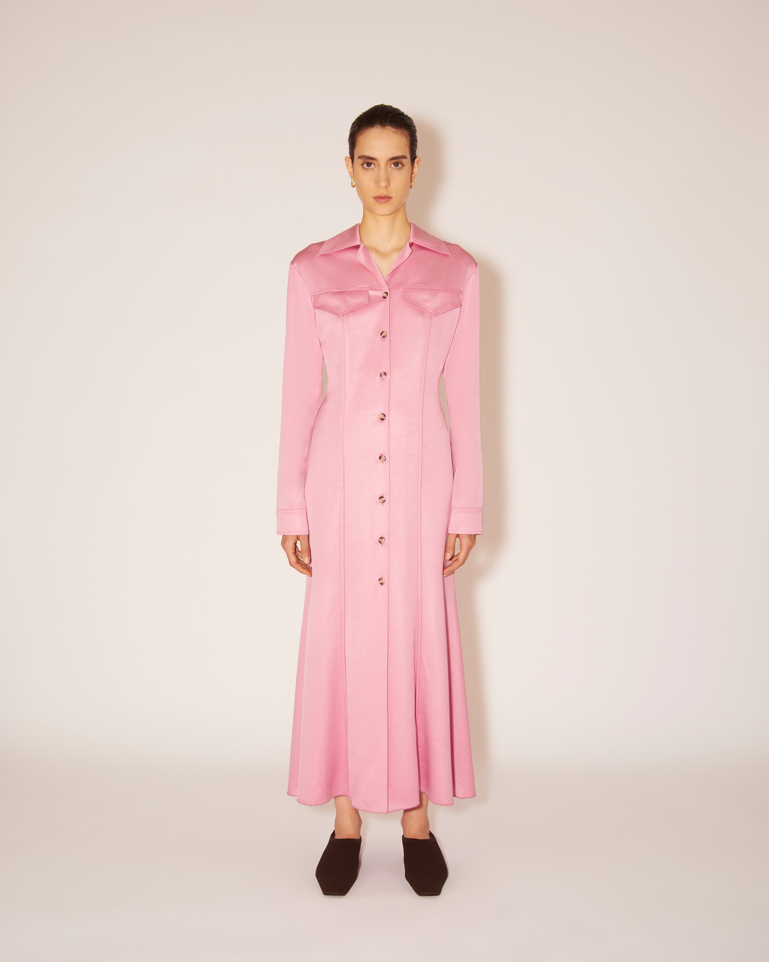 SANA - Glossy satin shirt dress - Pink - 3