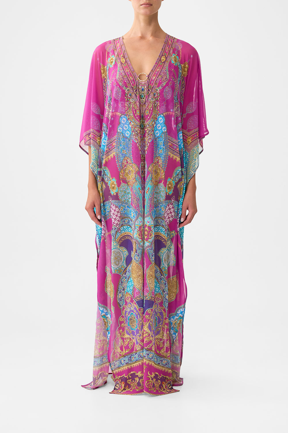 LONG V NECK KAFTAN WITH RING FRONT TRIM - 2