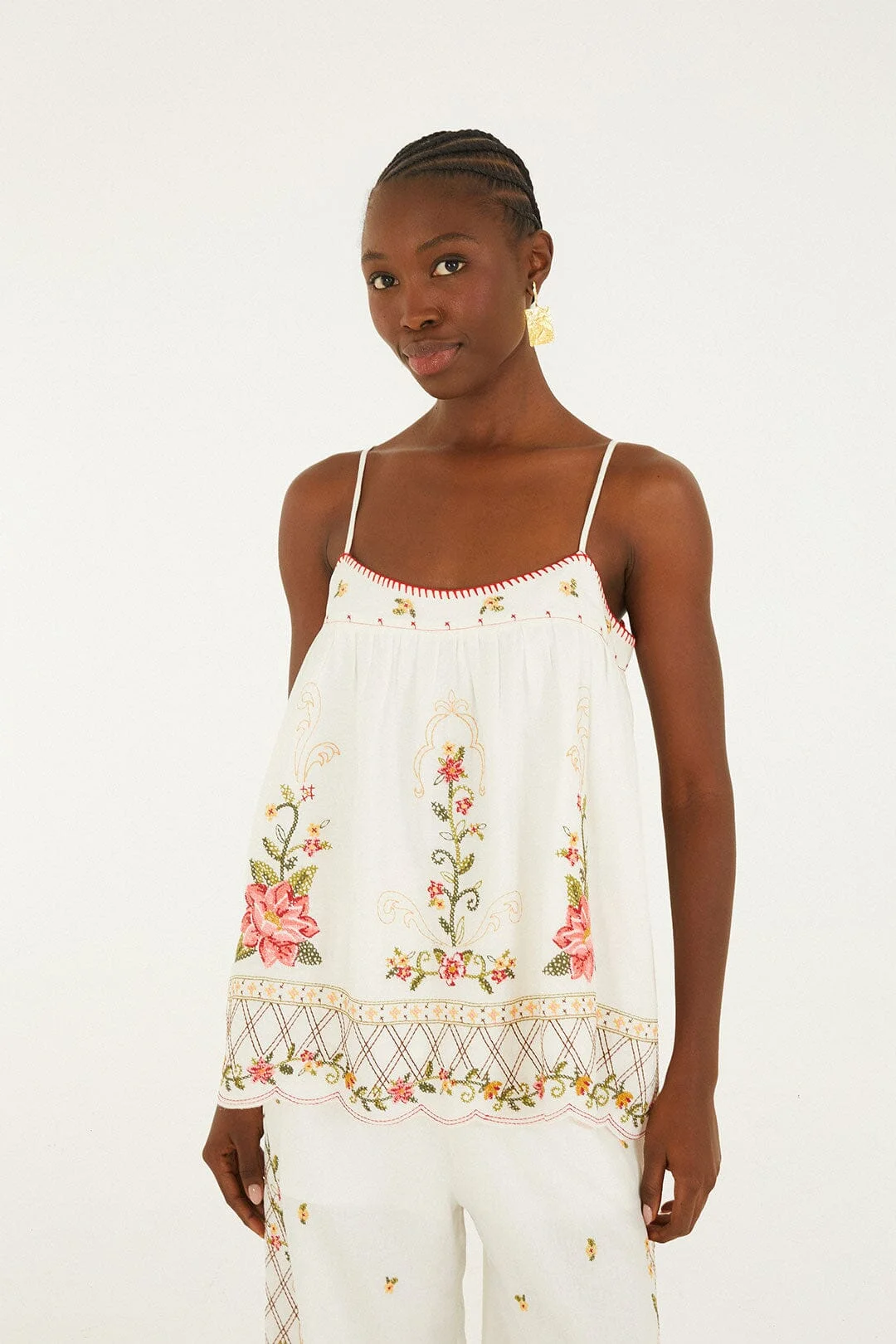 Off-White Flower Embroidery Open Back Sleeveless Blouse - 1