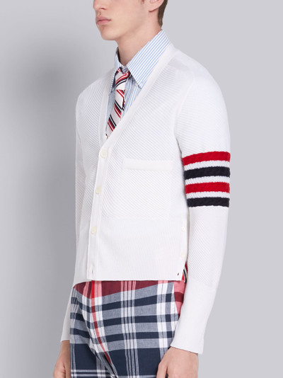 Thom Browne White Merino Wool Diagonal Stitch V-Neck RWB 4-Bar Cardigan outlook