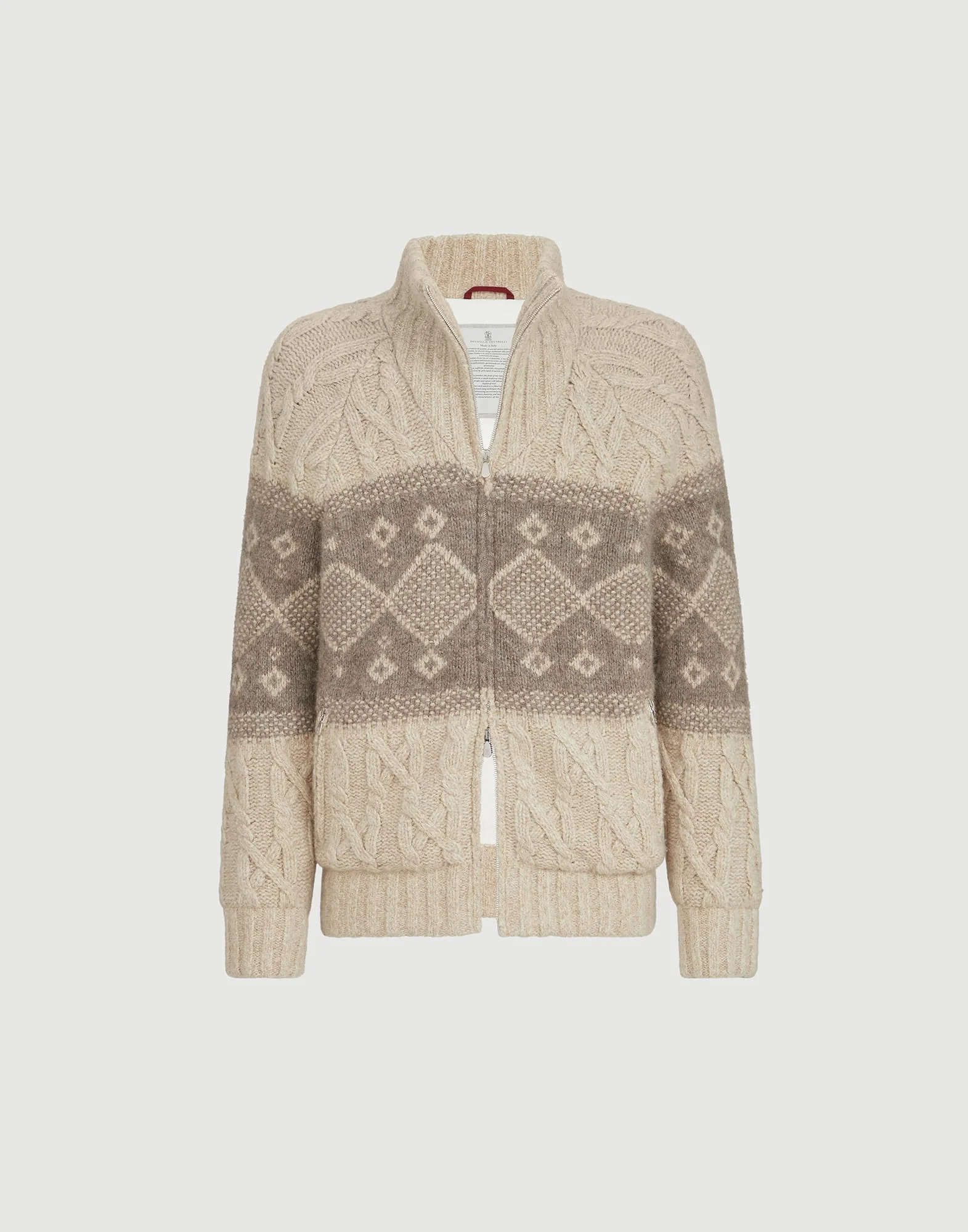 Virgin wool, silk and cashmere chiné cable knit down jacket with intarsia - 1