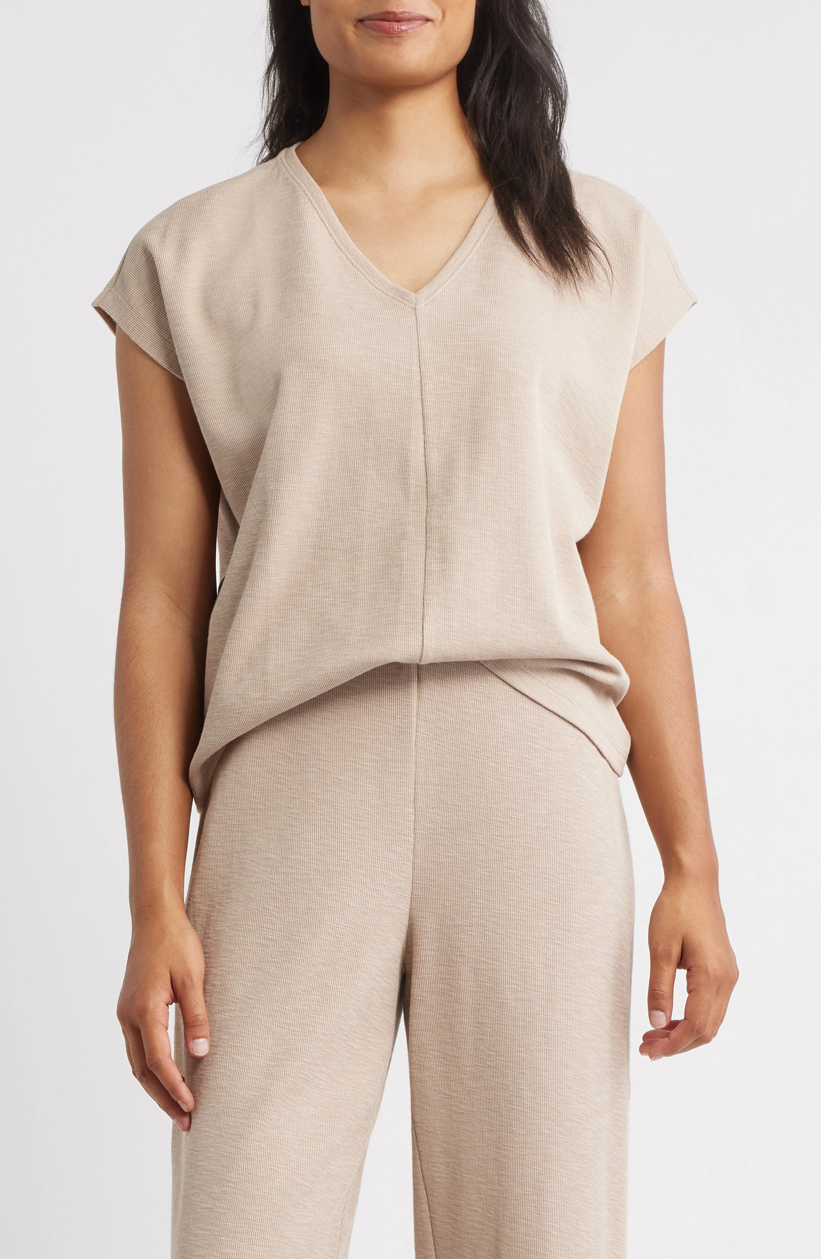 Eileen Fisher V-Neck Organic Cotton Crewneck T-Shirt in Wheat at Nordstrom - 1