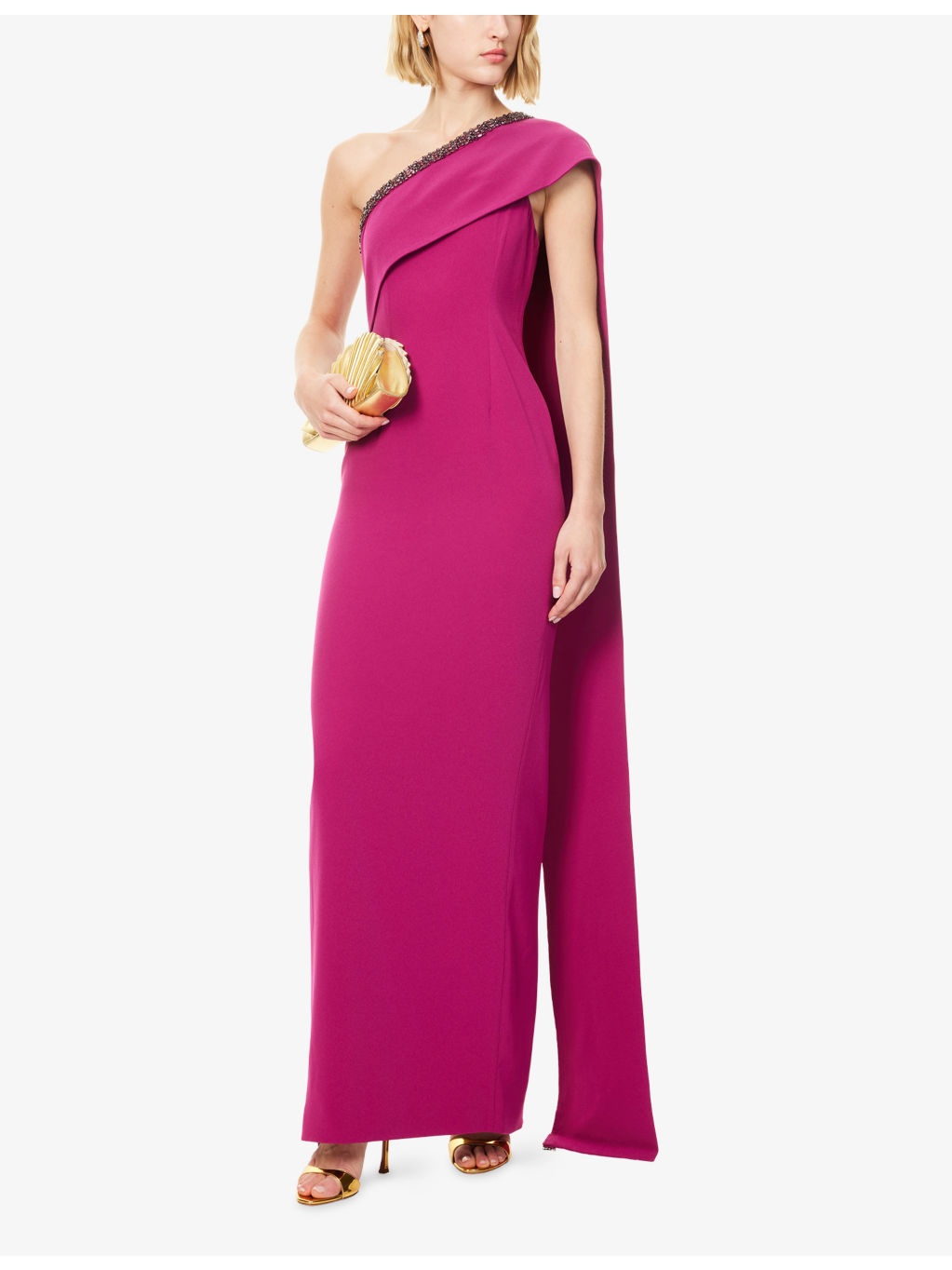 Embellished-Sash One-Shoulder Woven Gown - 2