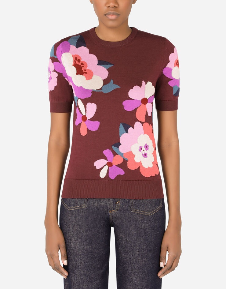 Short-sleeved silk sweater with floral intarsia - 1