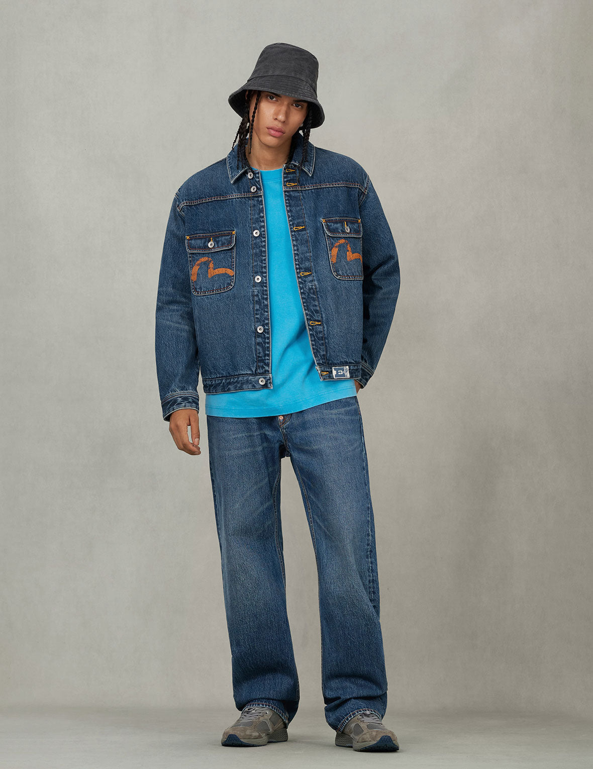 Distressed Seagull Print and Frayed Logo Patch Embroidery Relax Fit Denim Jacket - 5