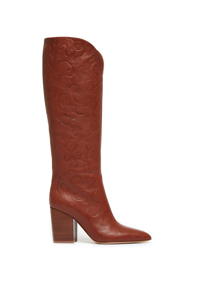 Debossed Knee-High Cora Boots in Cognac Leather 1